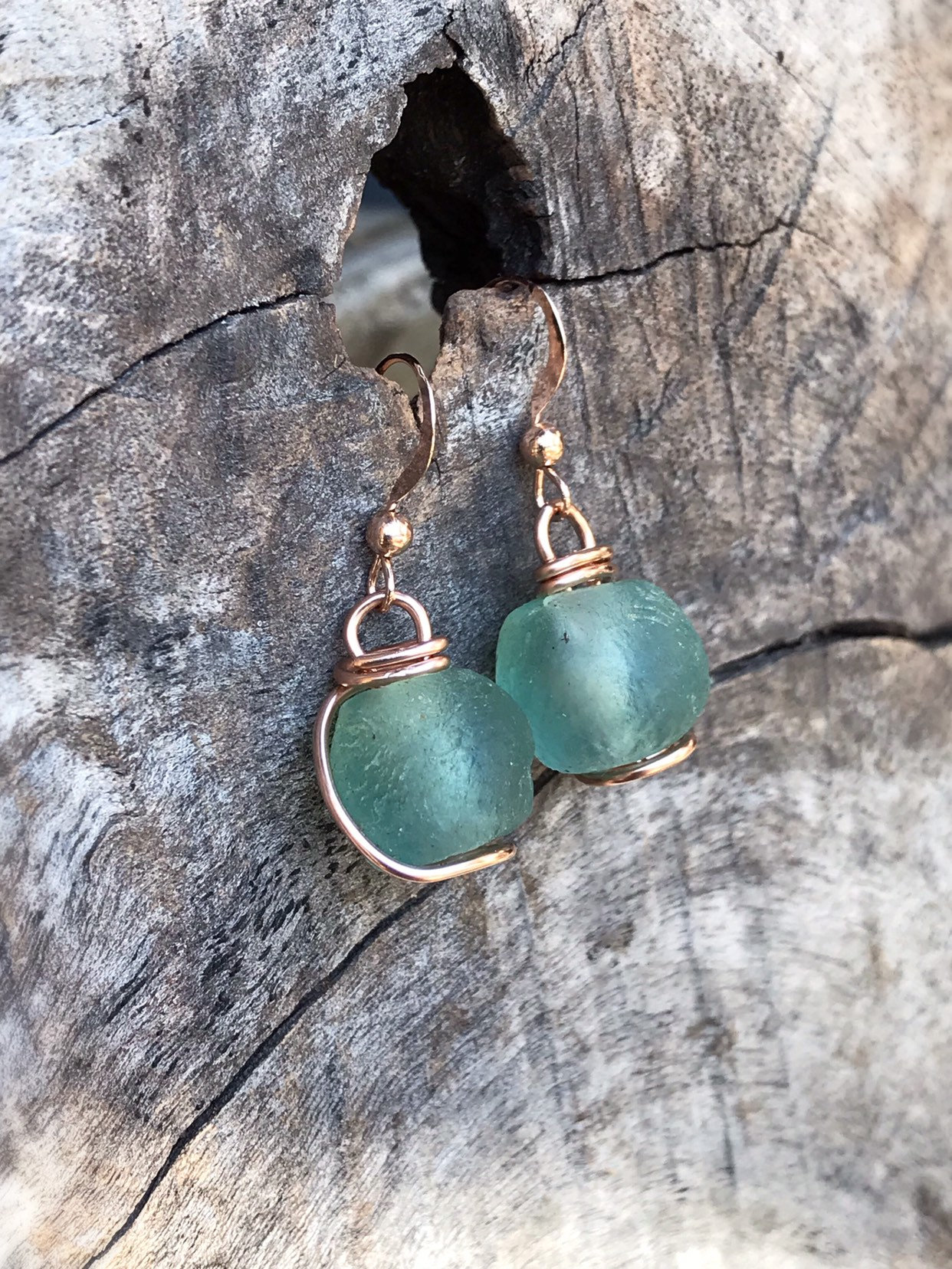 Green Trade Glass Rose Gold Spiral Earrings - Recycled Glass - 14k Rose Gold Filled - Spiral Design - African Trade Glass Beads - Image 2
