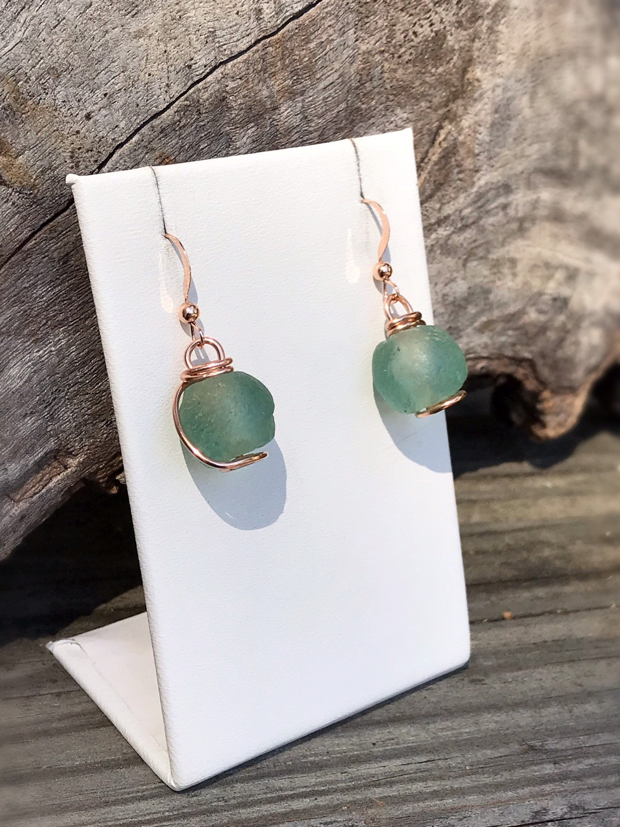 Green Trade Glass Rose Gold Spiral Earrings - Recycled Glass - 14k Rose Gold Filled - Spiral Design - African Trade Glass Beads - Image 3