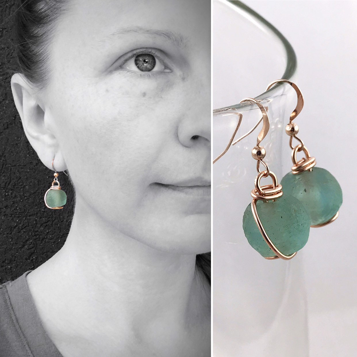 Green Trade Glass Rose Gold Spiral Earrings - Recycled Glass - 14k Rose Gold Filled - Spiral Design - African Trade Glass Beads - Image 4