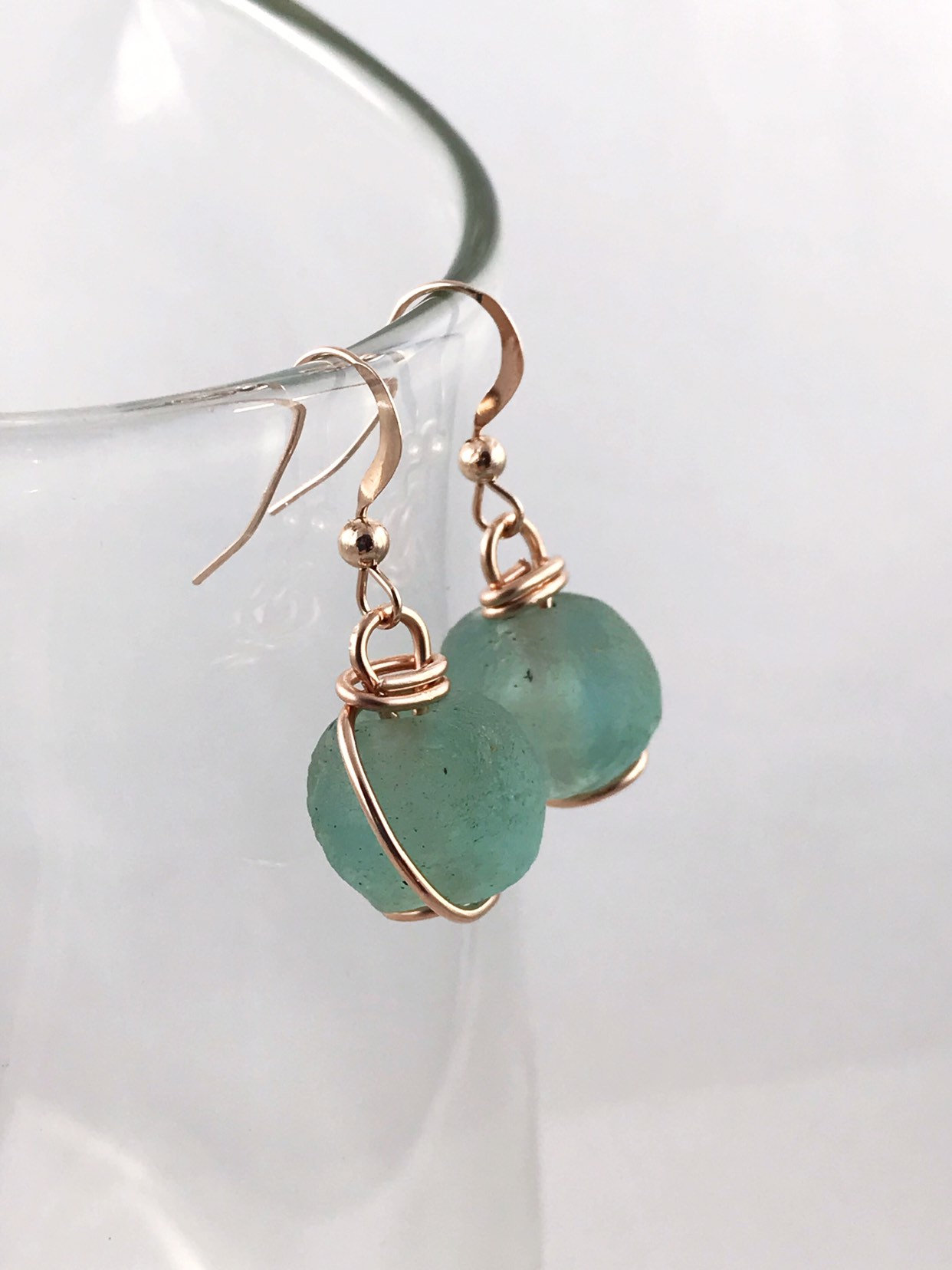 Green Trade Glass Rose Gold Spiral Earrings - Recycled Glass - 14k Rose Gold Filled - Spiral Design - African Trade Glass Beads - Image 5