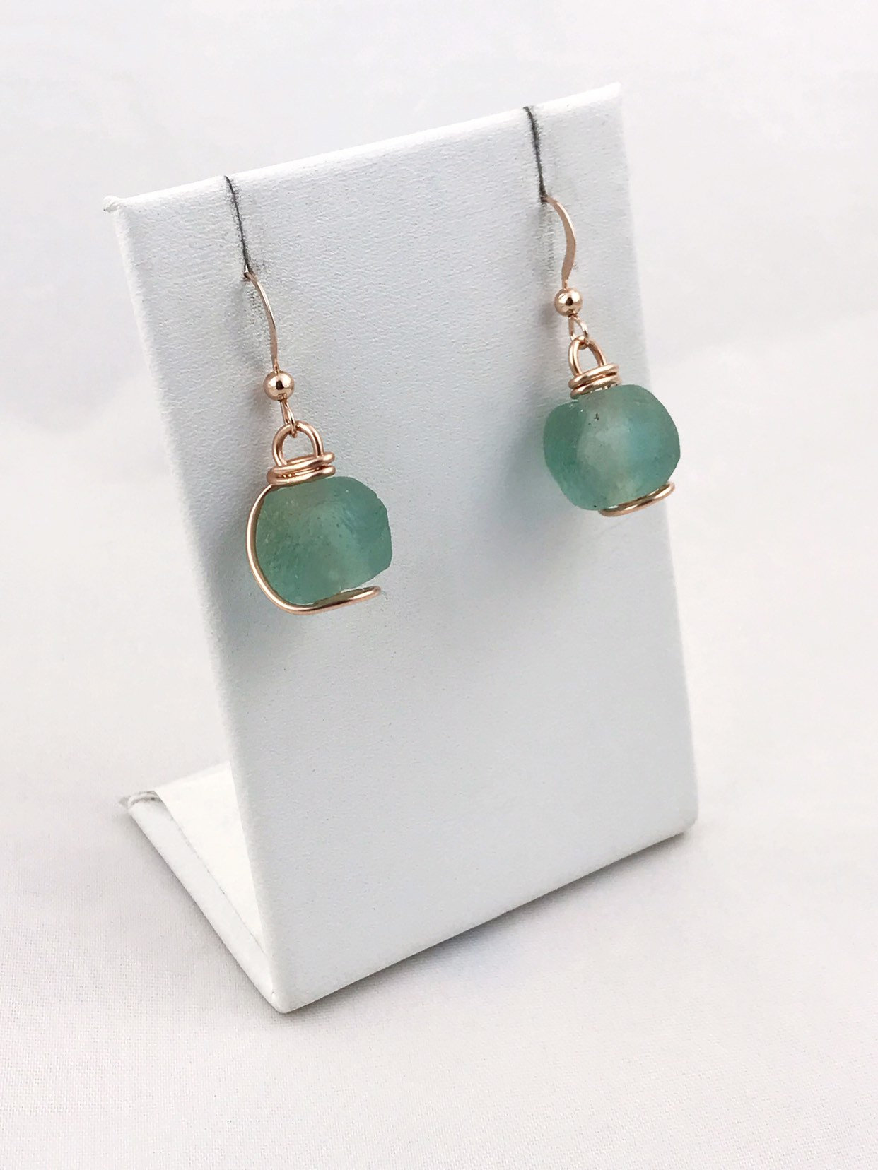 Green Trade Glass Rose Gold Spiral Earrings - Recycled Glass - 14k Rose Gold Filled - Spiral Design - African Trade Glass Beads - Image 6