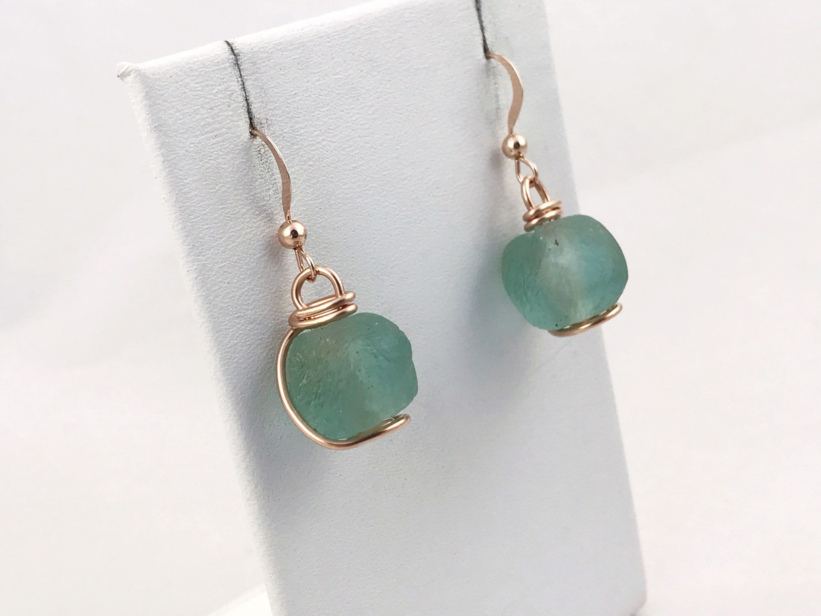 Green Trade Glass Rose Gold Spiral Earrings - Recycled Glass - 14k Rose Gold Filled - Spiral Design - African Trade Glass Beads - Image 7
