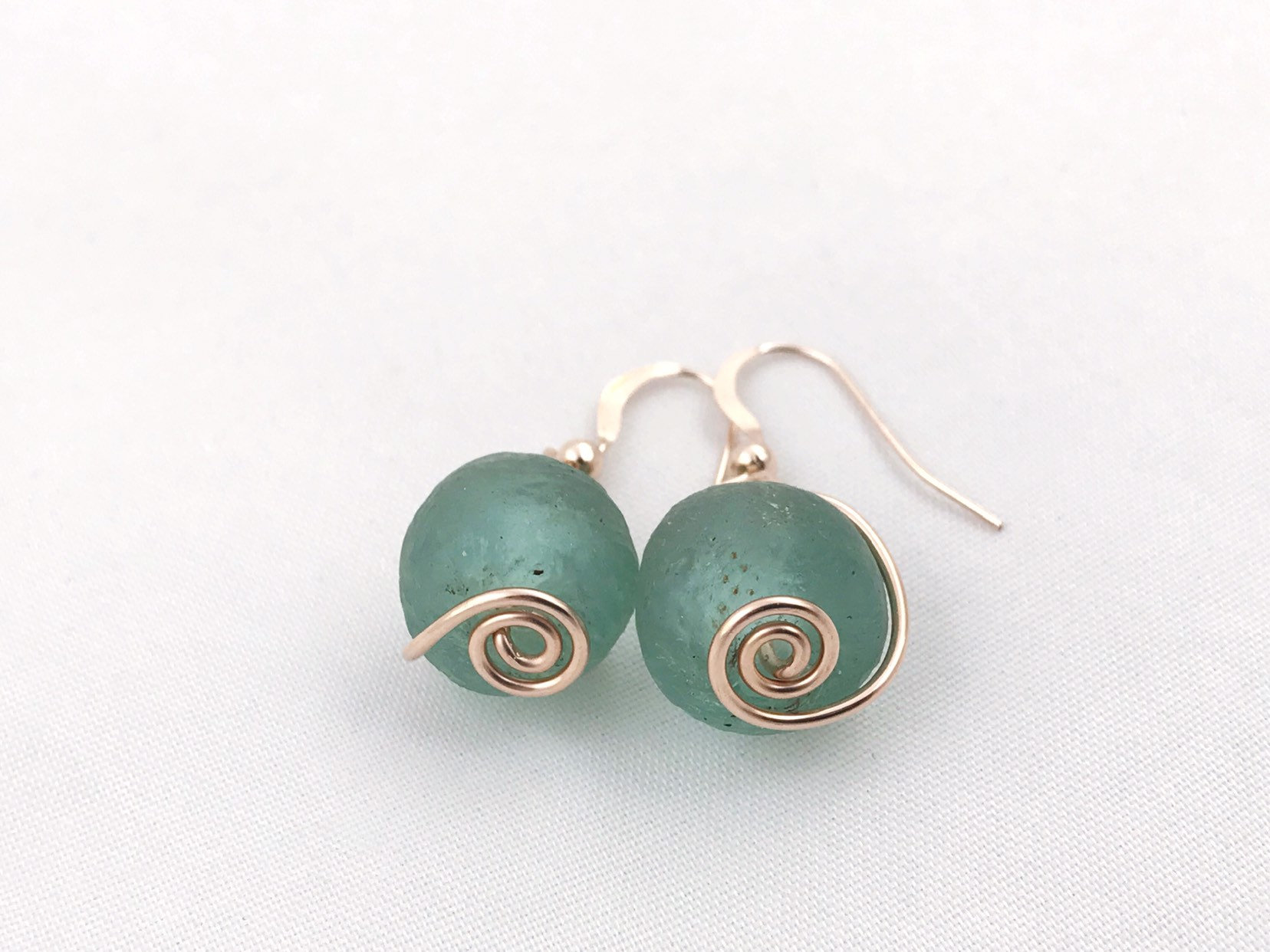 Green Trade Glass Rose Gold Spiral Earrings - Recycled Glass - 14k Rose Gold Filled - Spiral Design - African Trade Glass Beads - Image 8