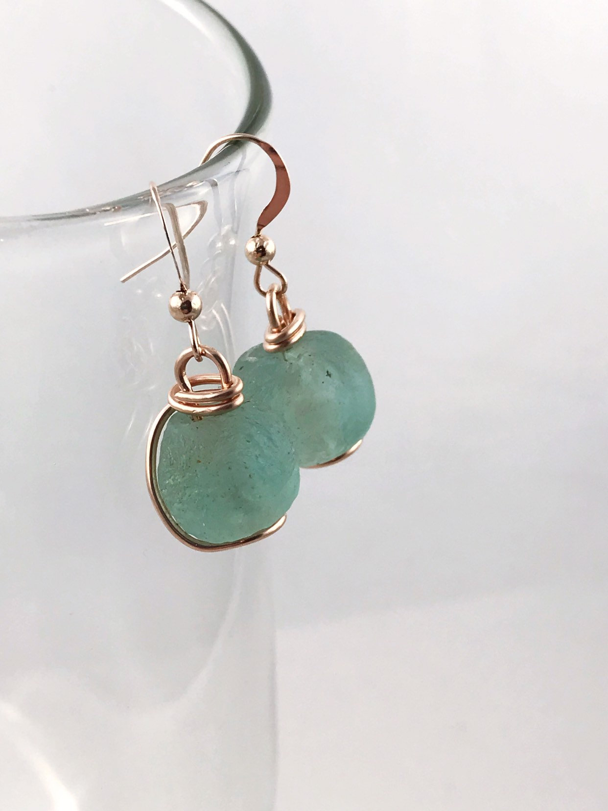 Green Trade Glass Rose Gold Spiral Earrings - Recycled Glass - 14k Rose Gold Filled - Spiral Design - African Trade Glass Beads - Image 10