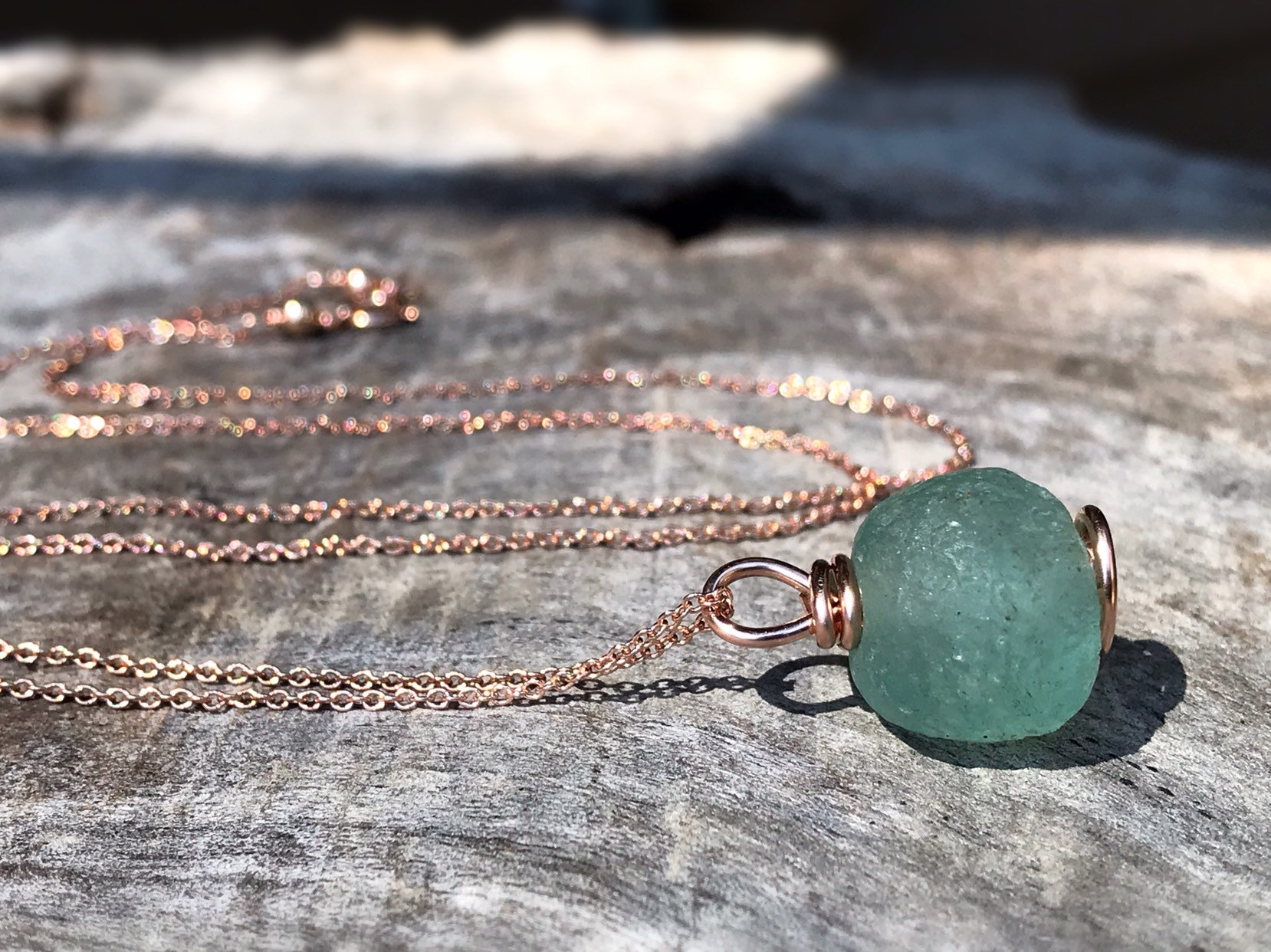 Green Trade Glass Rose Gold Spiral Pendant Necklace - Recycled Glass - 14k Rose Gold Filled - Spiral Design - African Trade Glass - Image 2