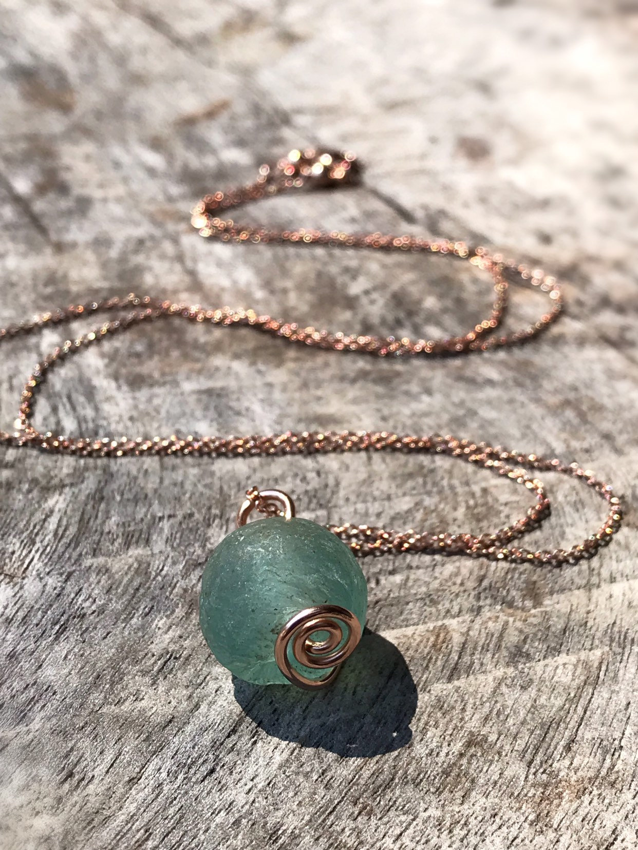 Green Trade Glass Rose Gold Spiral Pendant Necklace - Recycled Glass - 14k Rose Gold Filled - Spiral Design - African Trade Glass - Image 3