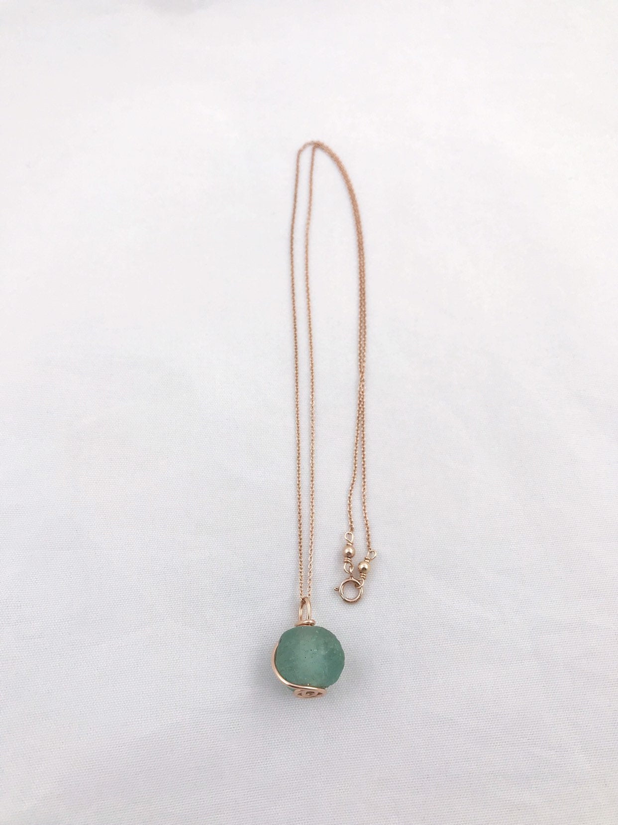 Green Trade Glass Rose Gold Spiral Pendant Necklace - Recycled Glass - 14k Rose Gold Filled - Spiral Design - African Trade Glass - Image 5