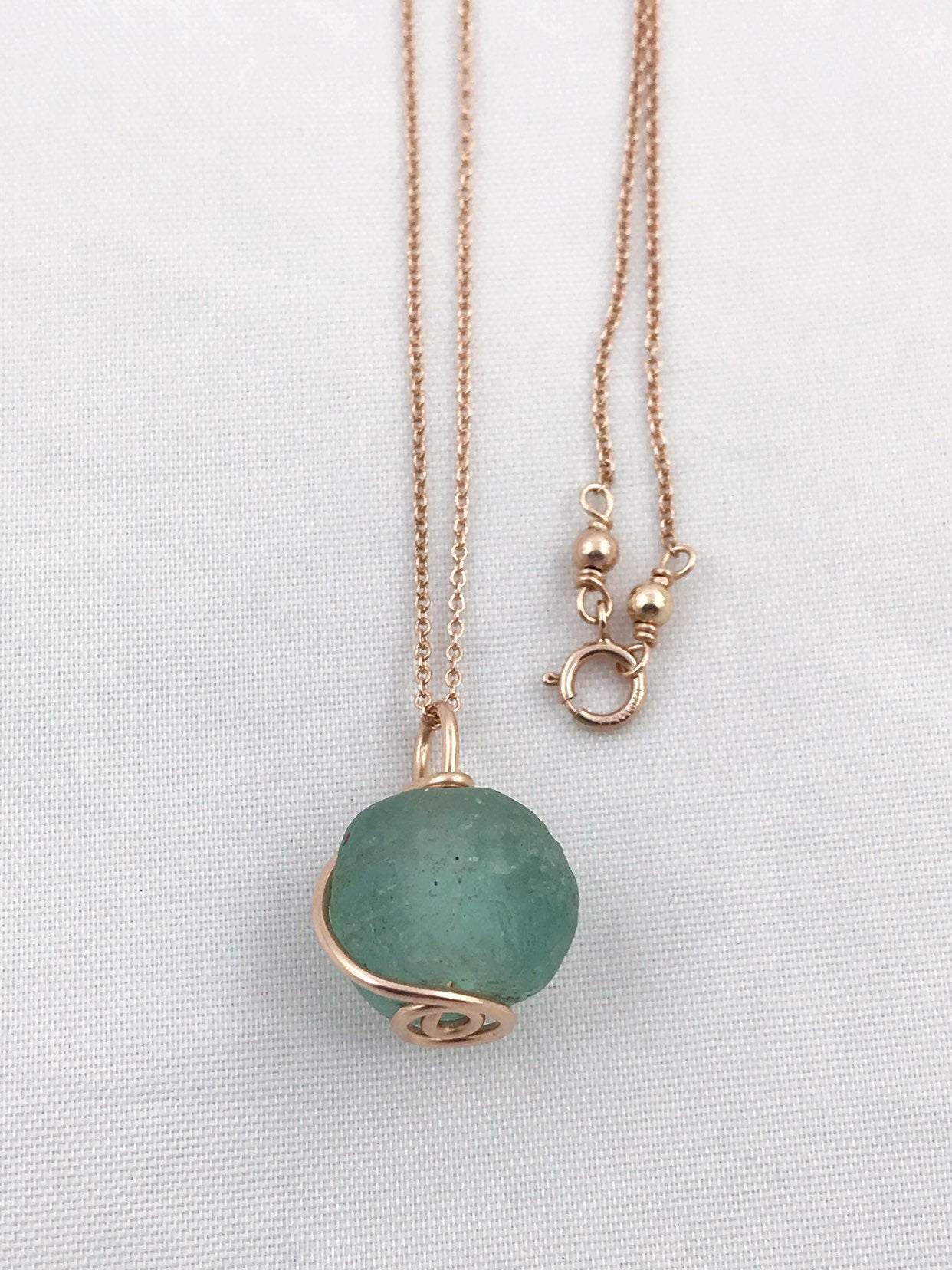 Green Trade Glass Rose Gold Spiral Pendant Necklace - Recycled Glass - 14k Rose Gold Filled - Spiral Design - African Trade Glass - Image 6
