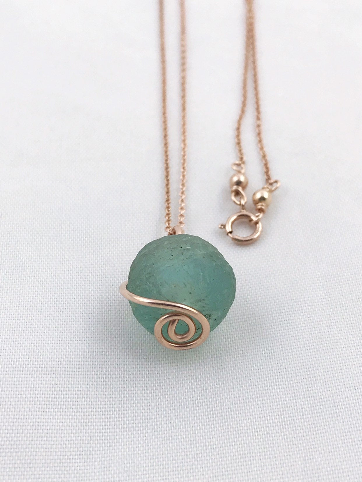 Green Trade Glass Rose Gold Spiral Pendant Necklace - Recycled Glass - 14k Rose Gold Filled - Spiral Design - African Trade Glass - Image 7