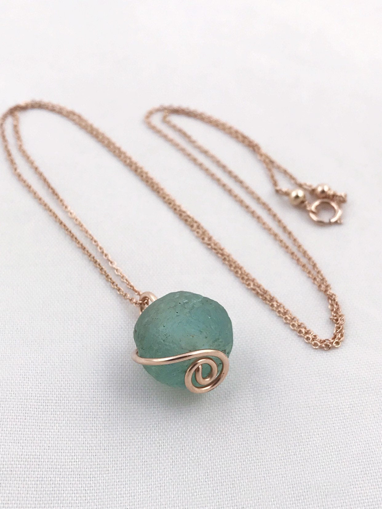 Green Trade Glass Rose Gold Spiral Pendant Necklace - Recycled Glass - 14k Rose Gold Filled - Spiral Design - African Trade Glass - Image 8