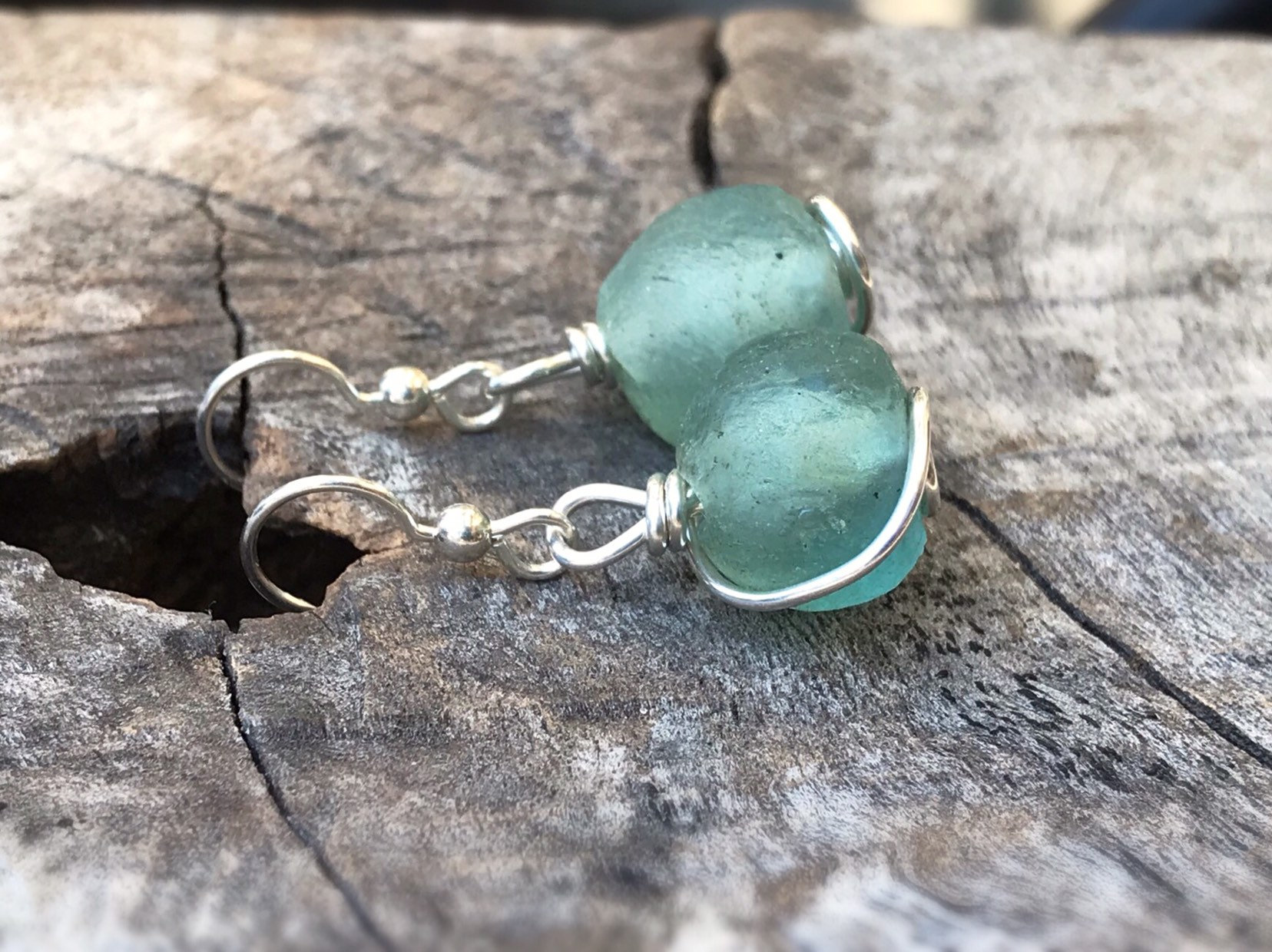Green Trade Glass Silver Spiral Earrings – Recycled Glass – Solid Sterling Silver – Spiral Design – African Trade Glass Beads