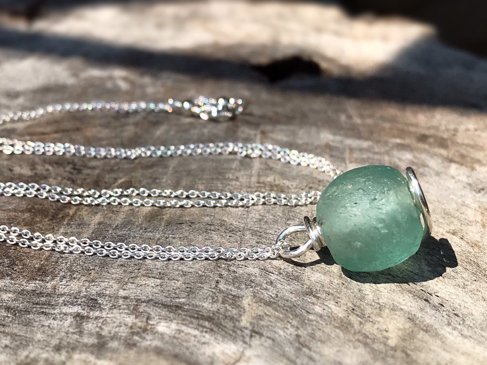 Green Trade Glass Silver Spiral Pendant Necklace - Recycled Glass - Solid Sterling Silver - Spiral Design - African Trade Glass Bead - Image 2