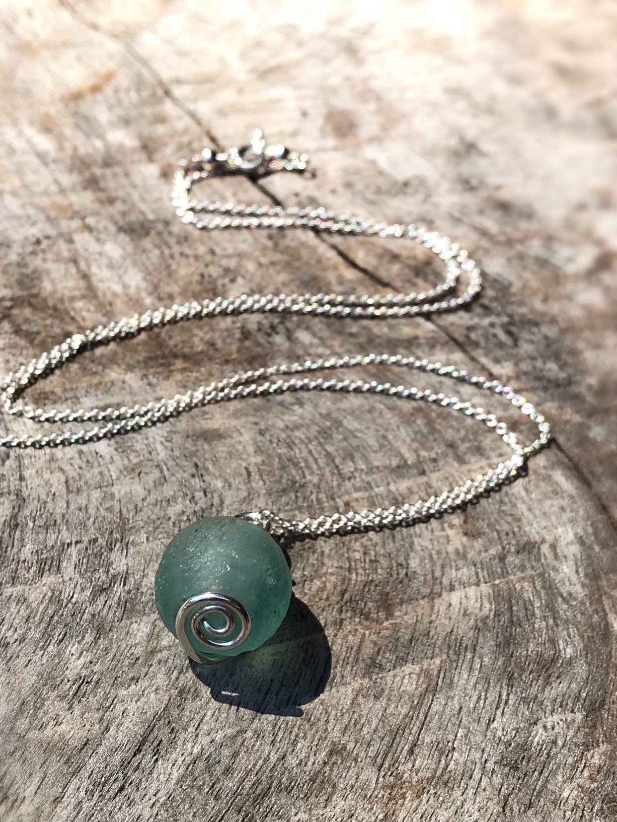 Green Trade Glass Silver Spiral Pendant Necklace - Recycled Glass - Solid Sterling Silver - Spiral Design - African Trade Glass Bead - Image 3