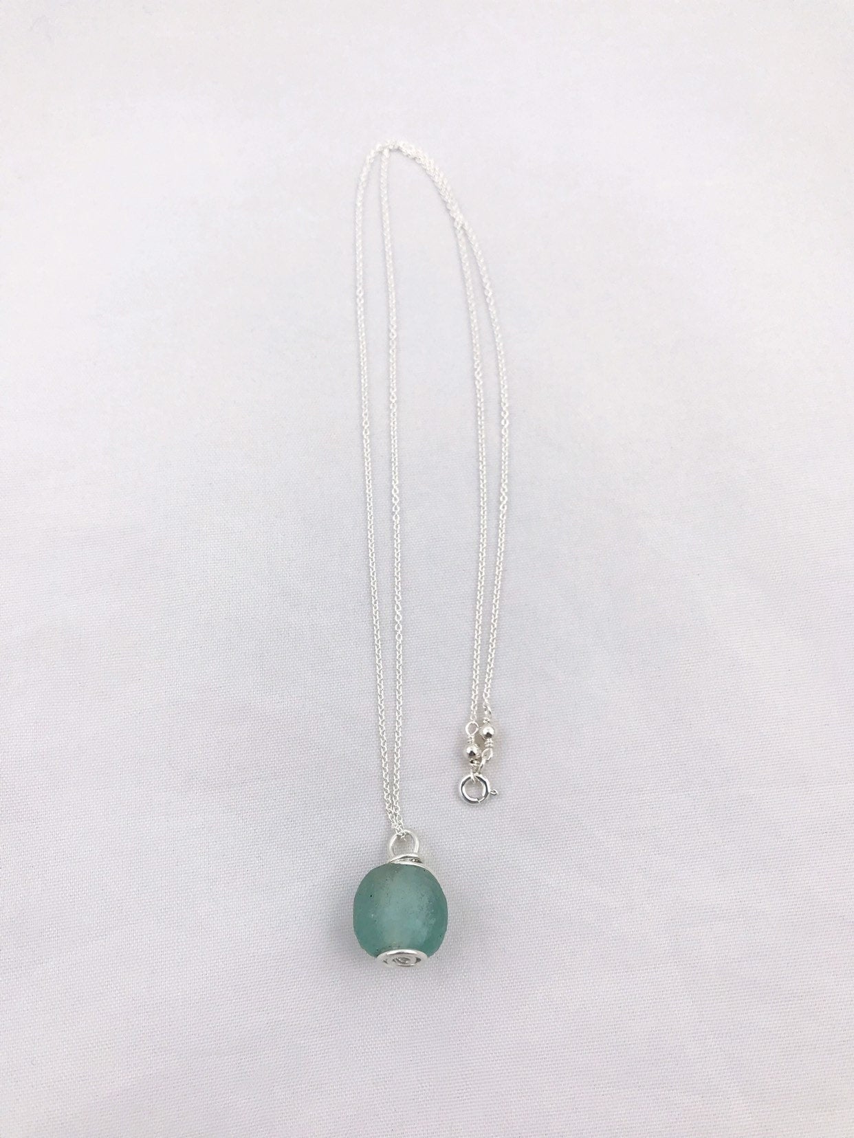 Green Trade Glass Silver Spiral Pendant Necklace - Recycled Glass - Solid Sterling Silver - Spiral Design - African Trade Glass Bead - Image 5