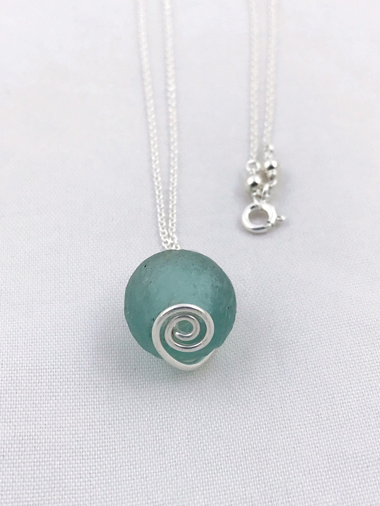 Green Trade Glass Silver Spiral Pendant Necklace - Recycled Glass - Solid Sterling Silver - Spiral Design - African Trade Glass Bead - Image 6
