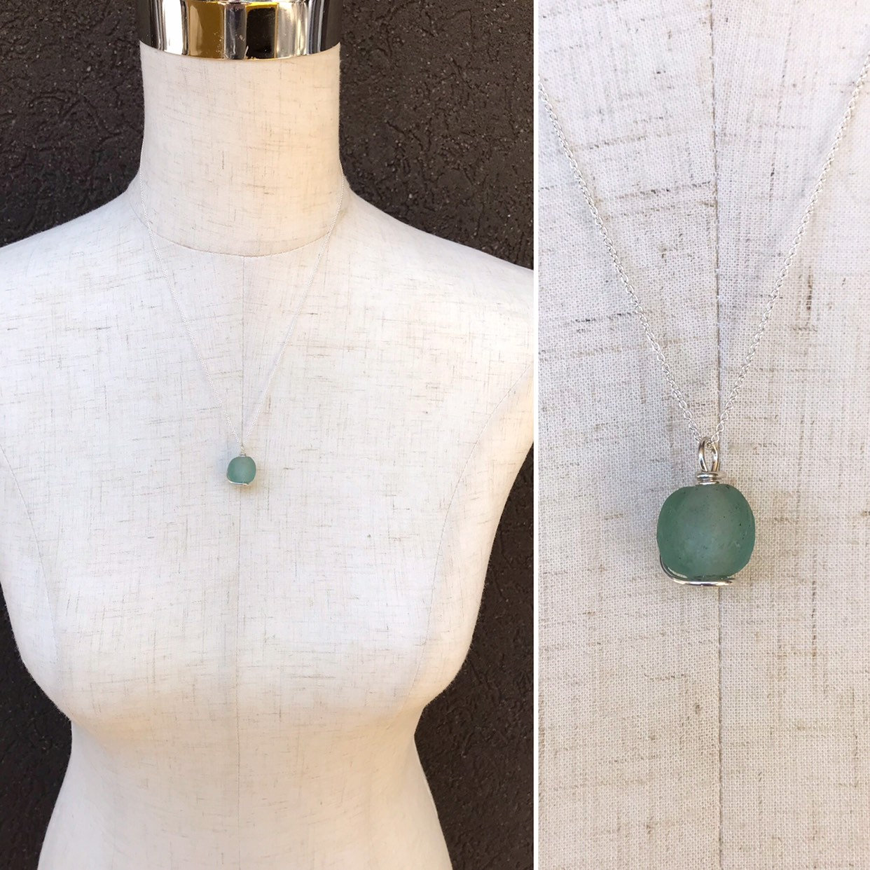 Green Trade Glass Silver Spiral Pendant Necklace - Recycled Glass - Solid Sterling Silver - Spiral Design - African Trade Glass Bead - Image 10