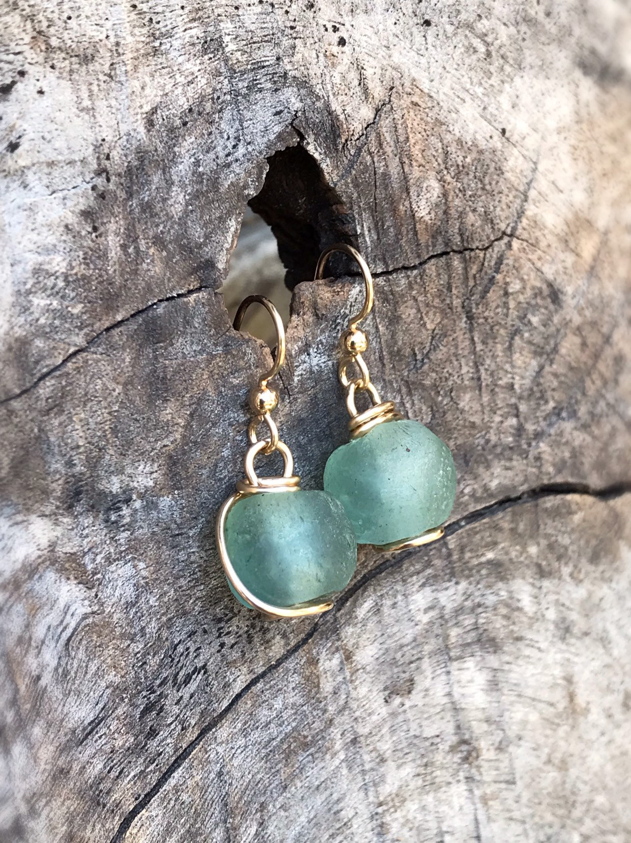 Green Trade Glass Yellow Gold Spiral Earrings - Recycled Glass - 14k Yellow Gold Filled - Spiral Design - African Trade Glass Beads - Image 2
