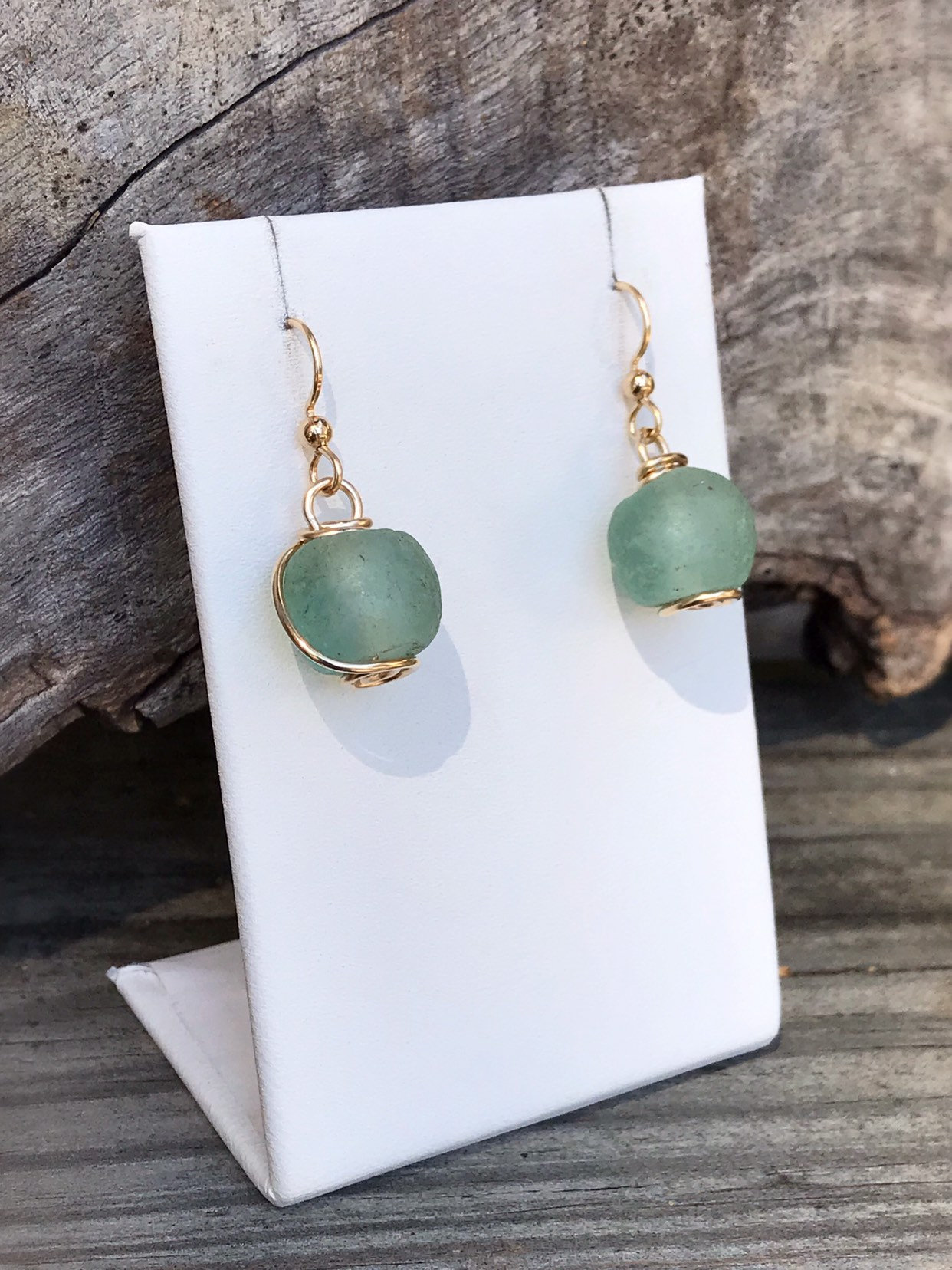 Green Trade Glass Yellow Gold Spiral Earrings - Recycled Glass - 14k Yellow Gold Filled - Spiral Design - African Trade Glass Beads - Image 3