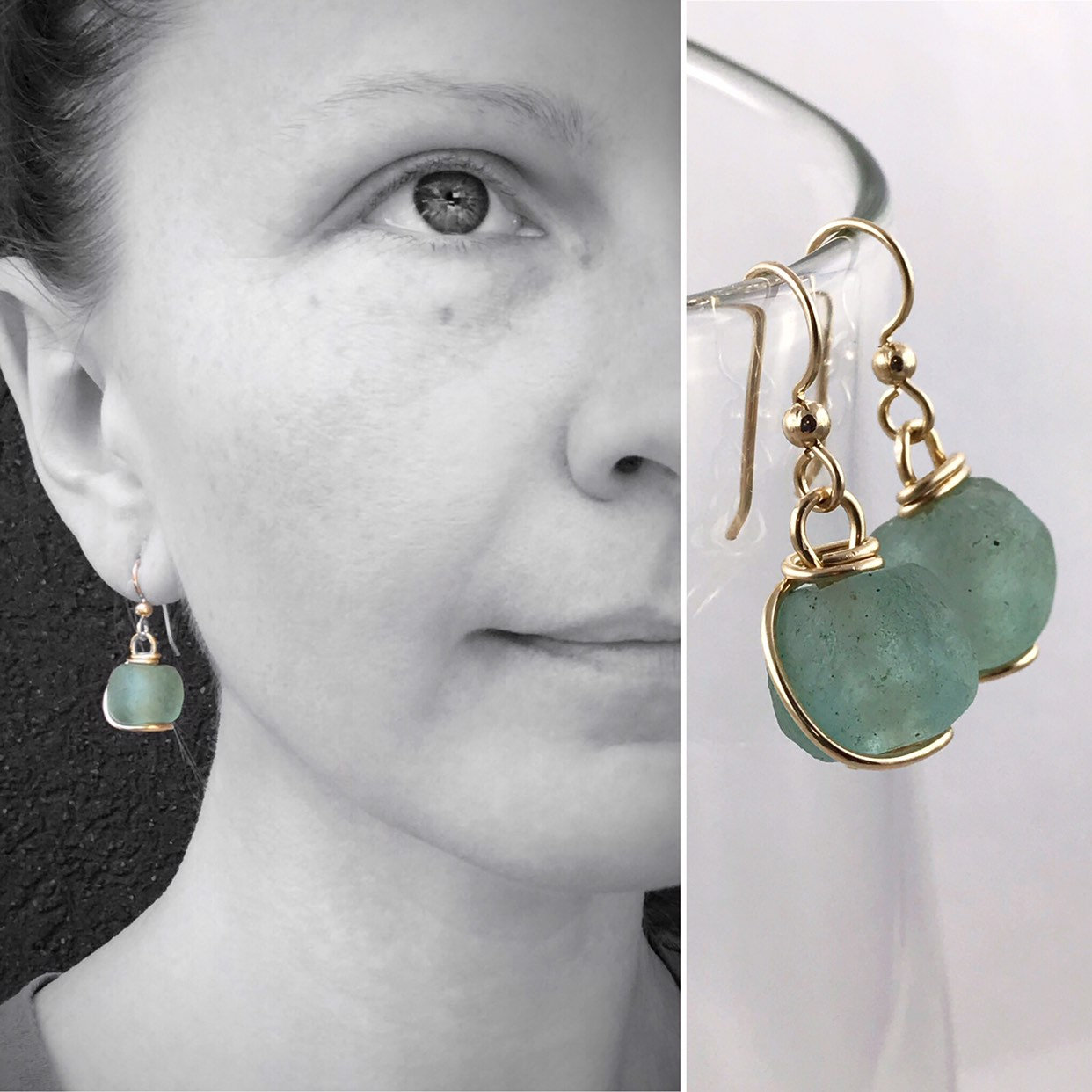 Green Trade Glass Yellow Gold Spiral Earrings - Recycled Glass - 14k Yellow Gold Filled - Spiral Design - African Trade Glass Beads - Image 4