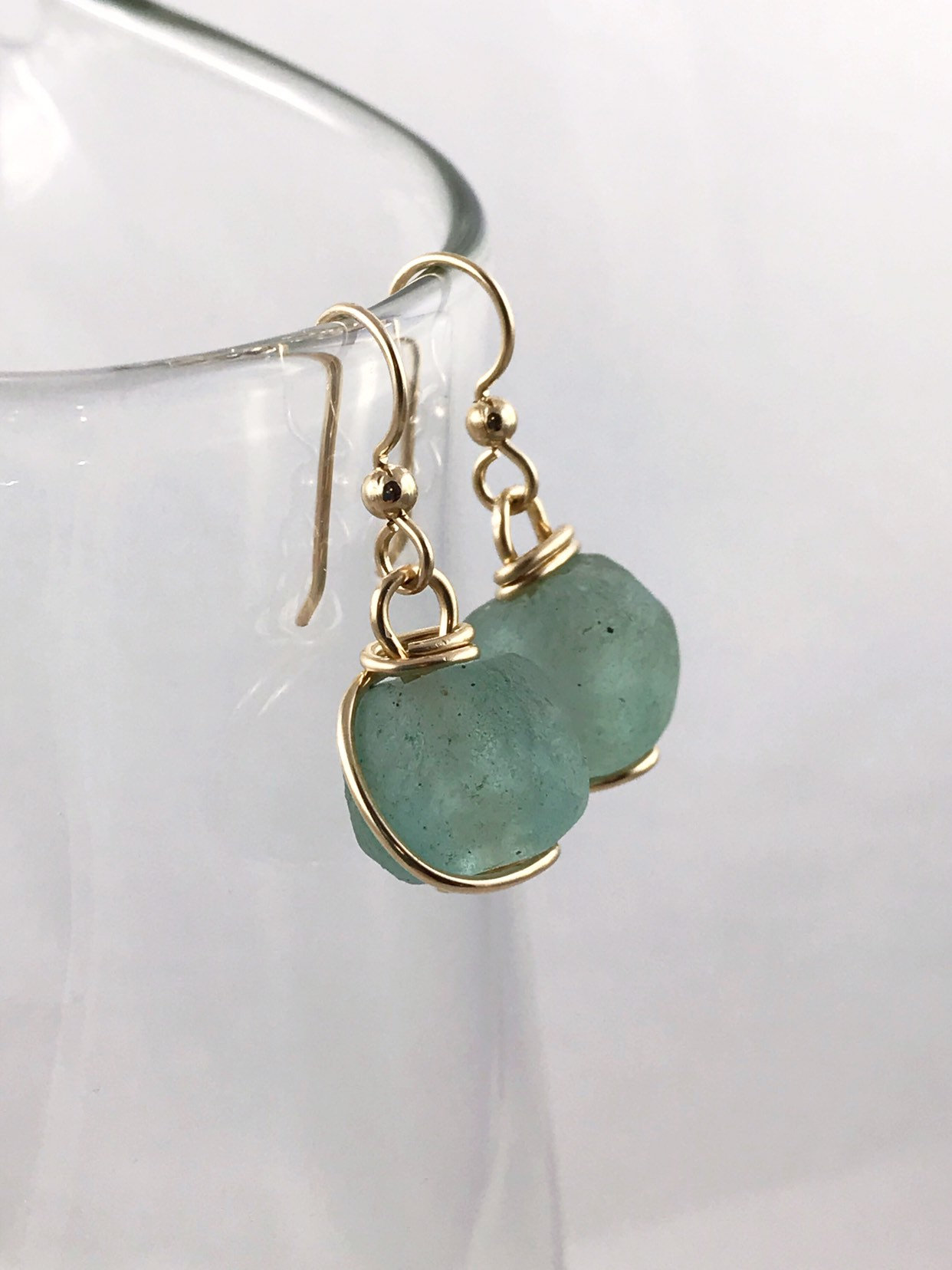 Green Trade Glass Yellow Gold Spiral Earrings - Recycled Glass - 14k Yellow Gold Filled - Spiral Design - African Trade Glass Beads - Image 5