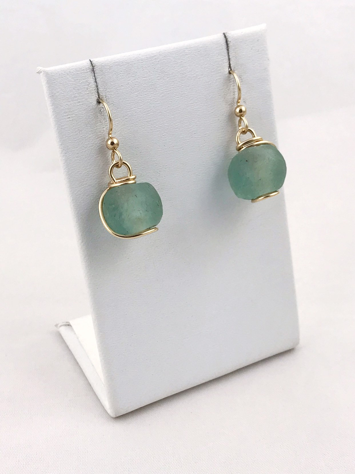 Green Trade Glass Yellow Gold Spiral Earrings - Recycled Glass - 14k Yellow Gold Filled - Spiral Design - African Trade Glass Beads - Image 6