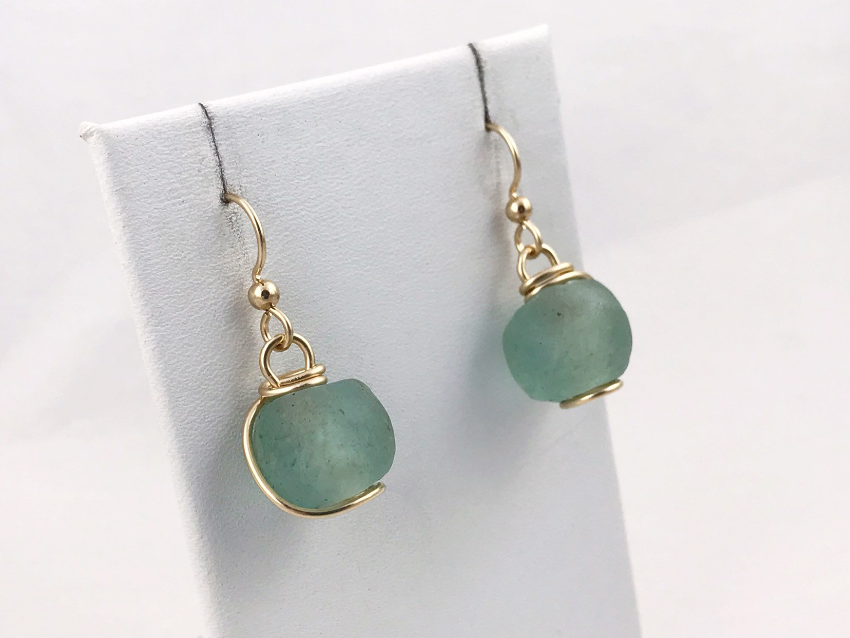 Green Trade Glass Yellow Gold Spiral Earrings - Recycled Glass - 14k Yellow Gold Filled - Spiral Design - African Trade Glass Beads - Image 7
