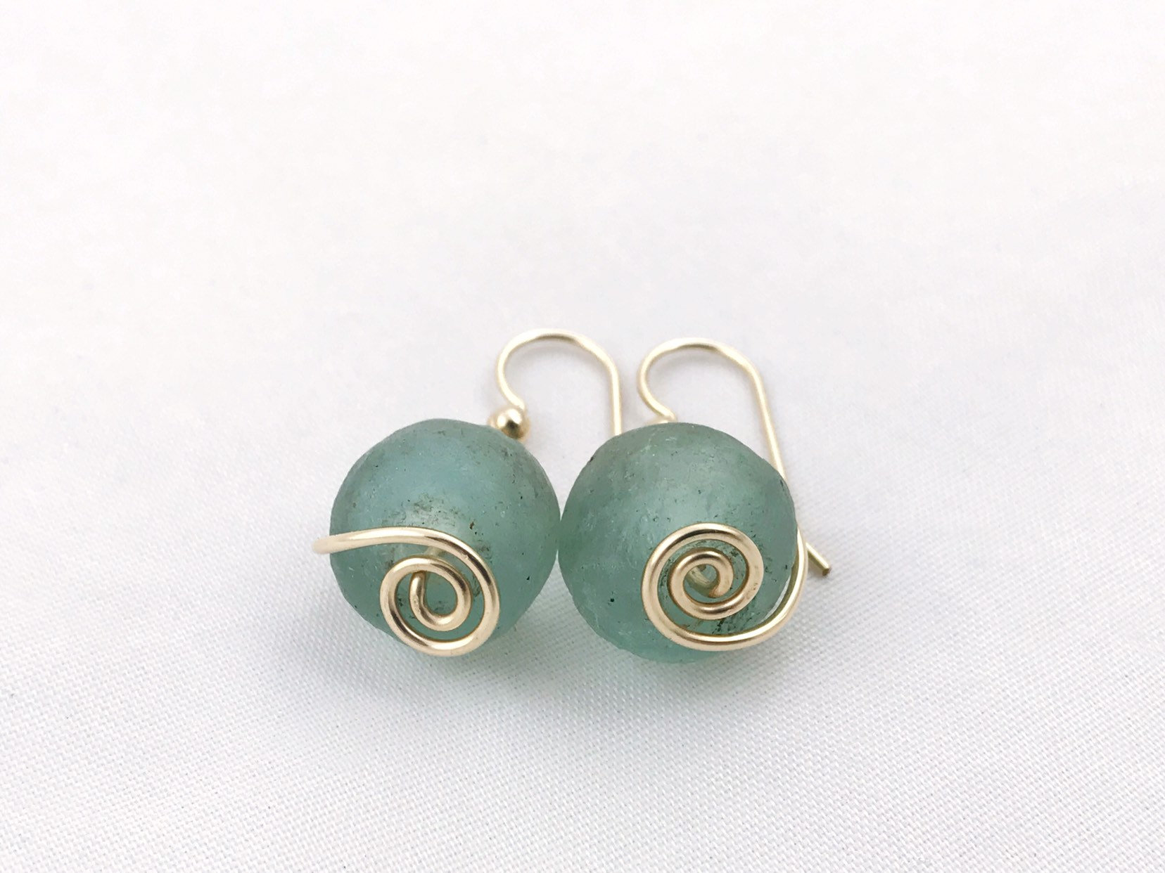 Green Trade Glass Yellow Gold Spiral Earrings - Recycled Glass - 14k Yellow Gold Filled - Spiral Design - African Trade Glass Beads - Image 8