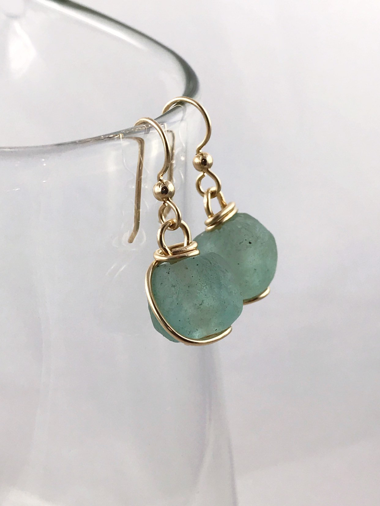 Green Trade Glass Yellow Gold Spiral Earrings - Recycled Glass - 14k Yellow Gold Filled - Spiral Design - African Trade Glass Beads - Image 9