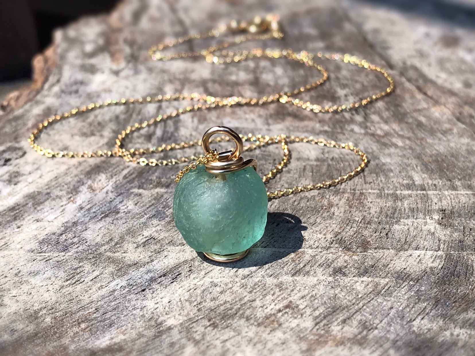 Green Trade Glass Yellow Gold Spiral Pendant Necklace – Recycled Glass – 14k Yellow Gold Filled – Spiral Design – African Trade Glass