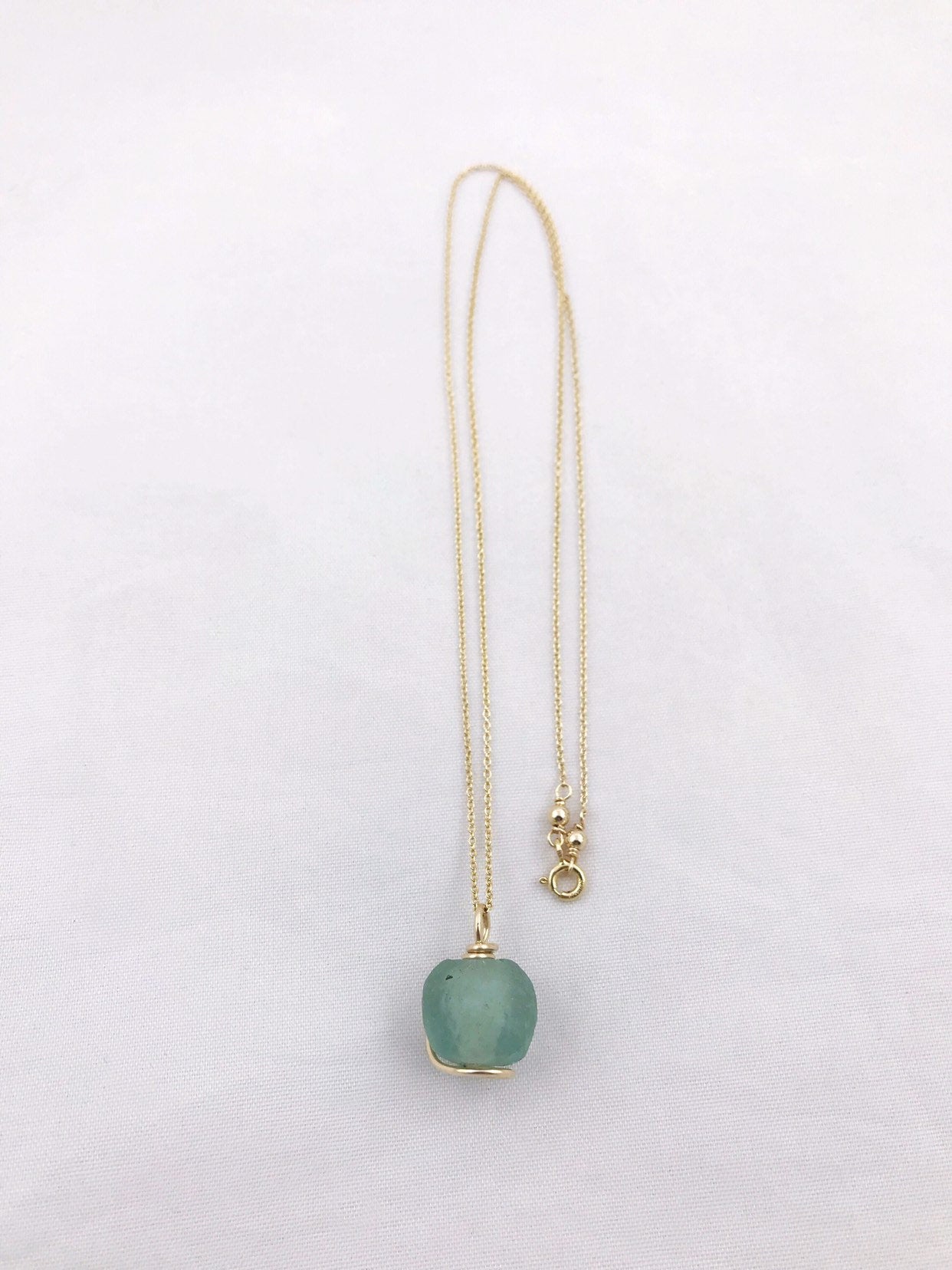 Green Trade Glass Yellow Gold Spiral Pendant Necklace - Recycled Glass - 14k Yellow Gold Filled - Spiral Design - African Trade Glass - Image 5