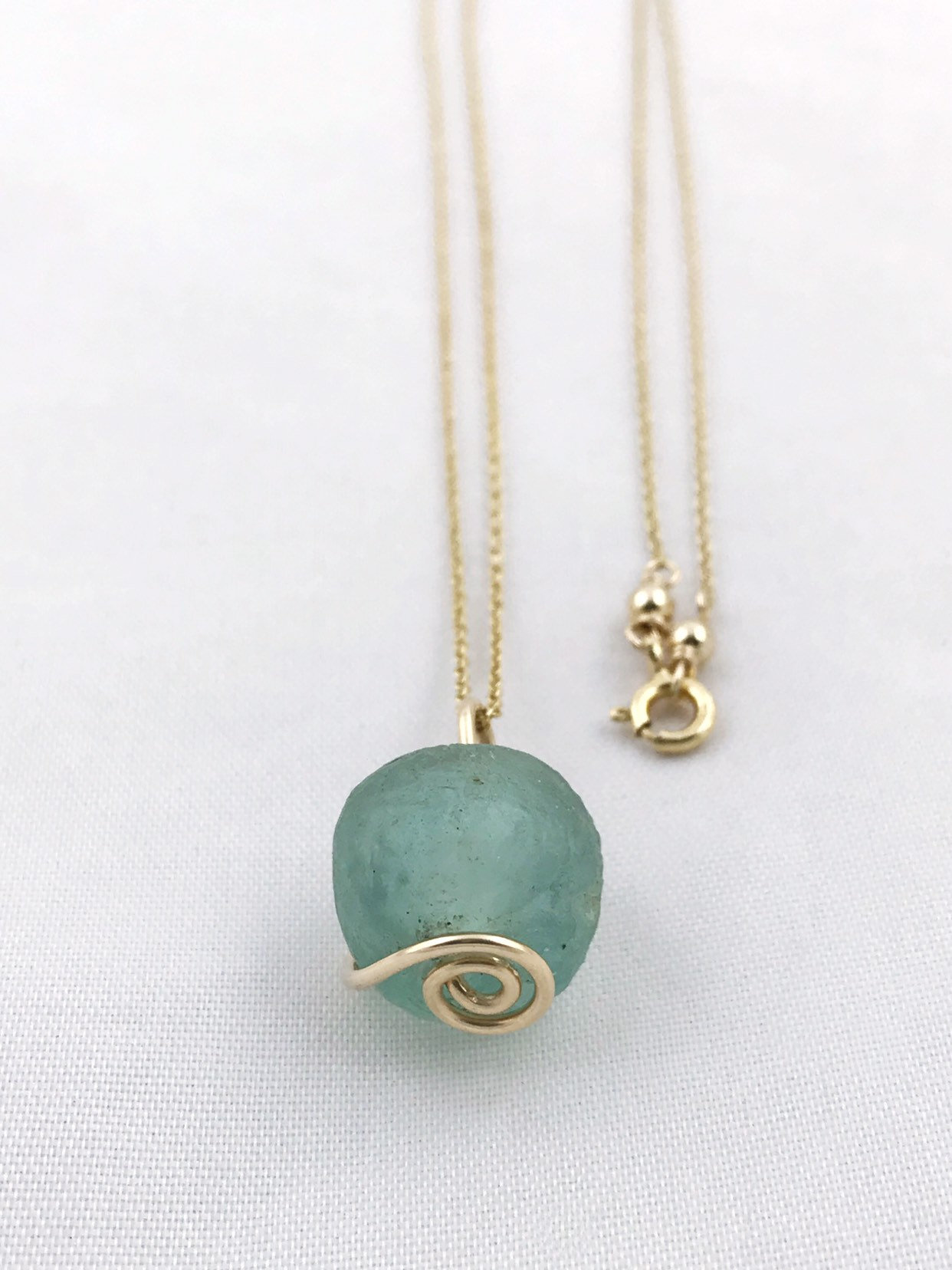 Green Trade Glass Yellow Gold Spiral Pendant Necklace - Recycled Glass - 14k Yellow Gold Filled - Spiral Design - African Trade Glass - Image 6