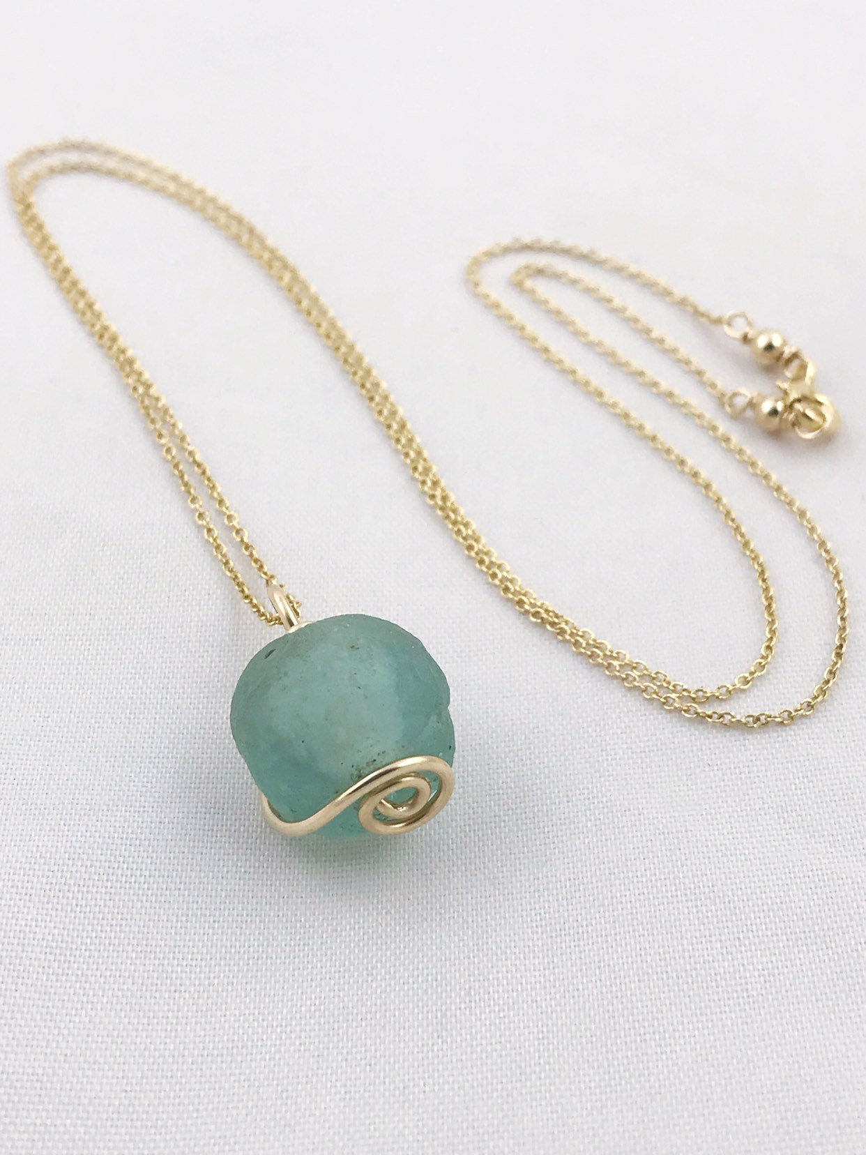 Green Trade Glass Yellow Gold Spiral Pendant Necklace - Recycled Glass - 14k Yellow Gold Filled - Spiral Design - African Trade Glass - Image 8
