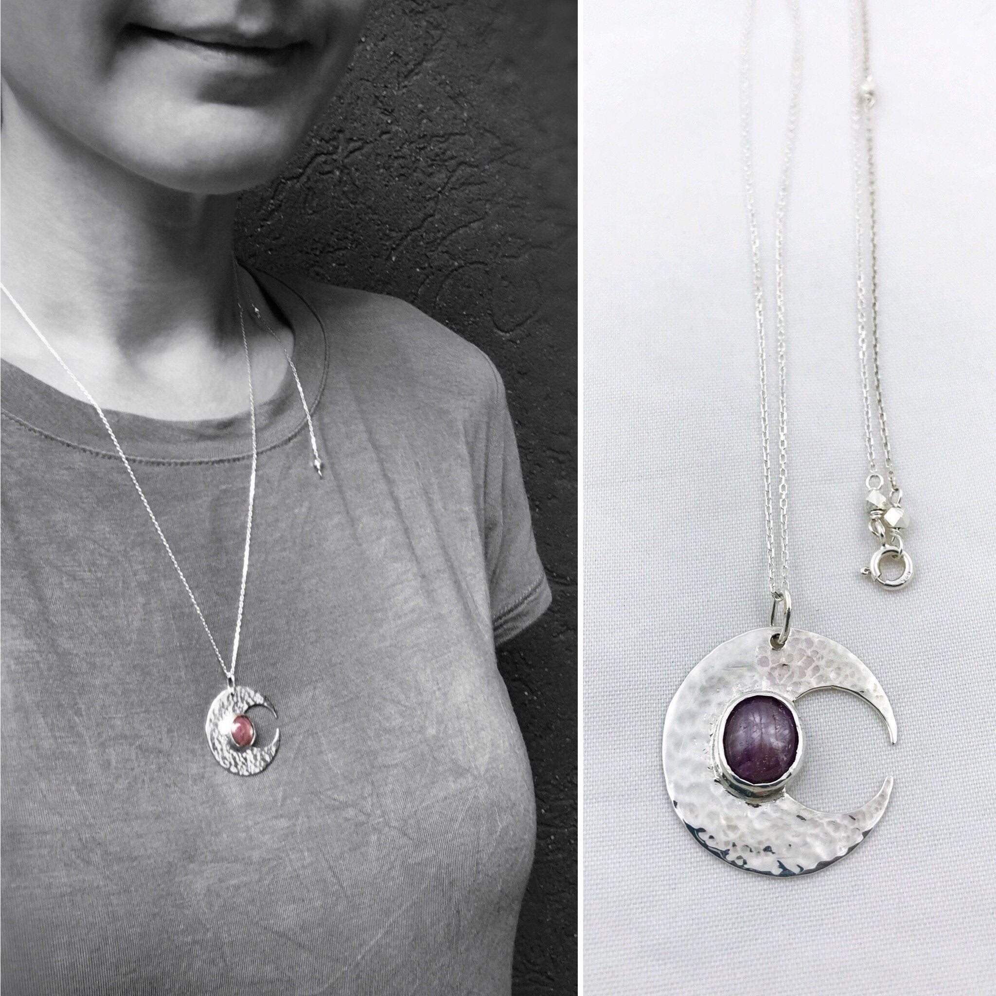 Hammered Silver Ruby Moon Crescent Necklace - Solid Sterling Silver - Genuine Mysore Star Ruby - Rustic Hammer Forged - Adjustable Length - Image 2