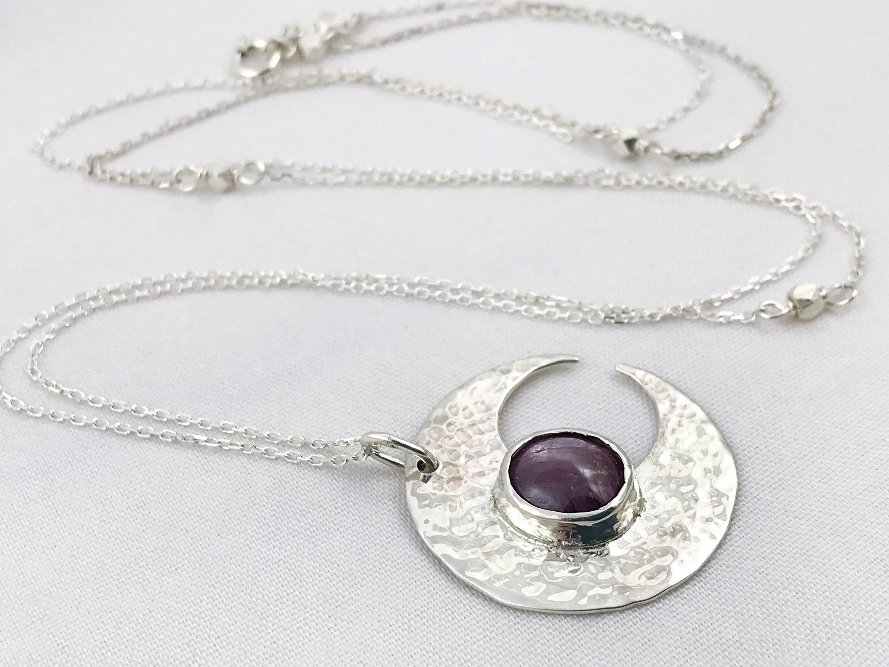 Hammered Silver Ruby Moon Crescent Necklace – Solid Sterling Silver – Genuine Mysore Star Ruby – Rustic Hammer Forged – Adjustable Length