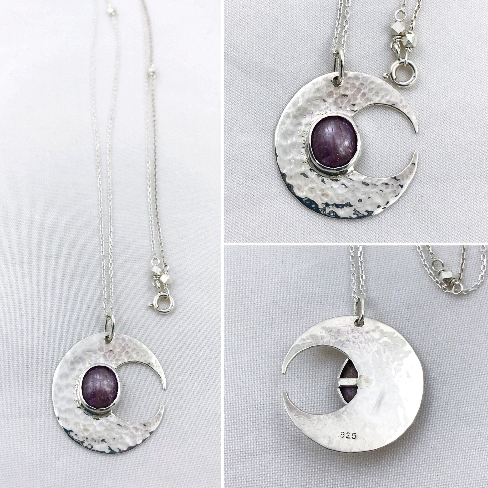 Hammered Silver Ruby Moon Crescent Necklace - Solid Sterling Silver - Genuine Mysore Star Ruby - Rustic Hammer Forged - Adjustable Length - Image 4