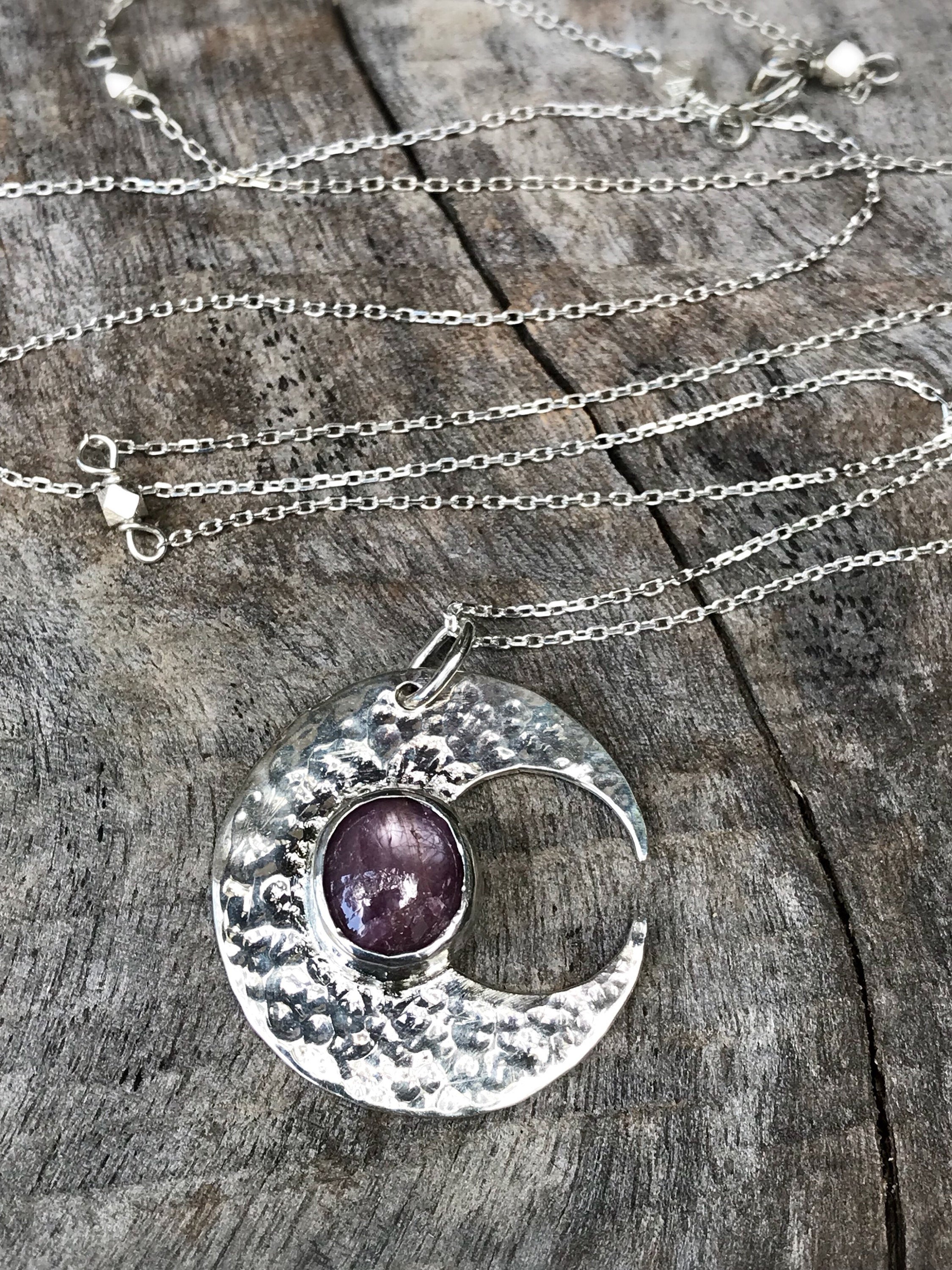 Hammered Silver Ruby Moon Crescent Necklace - Solid Sterling Silver - Genuine Mysore Star Ruby - Rustic Hammer Forged - Adjustable Length - Image 5