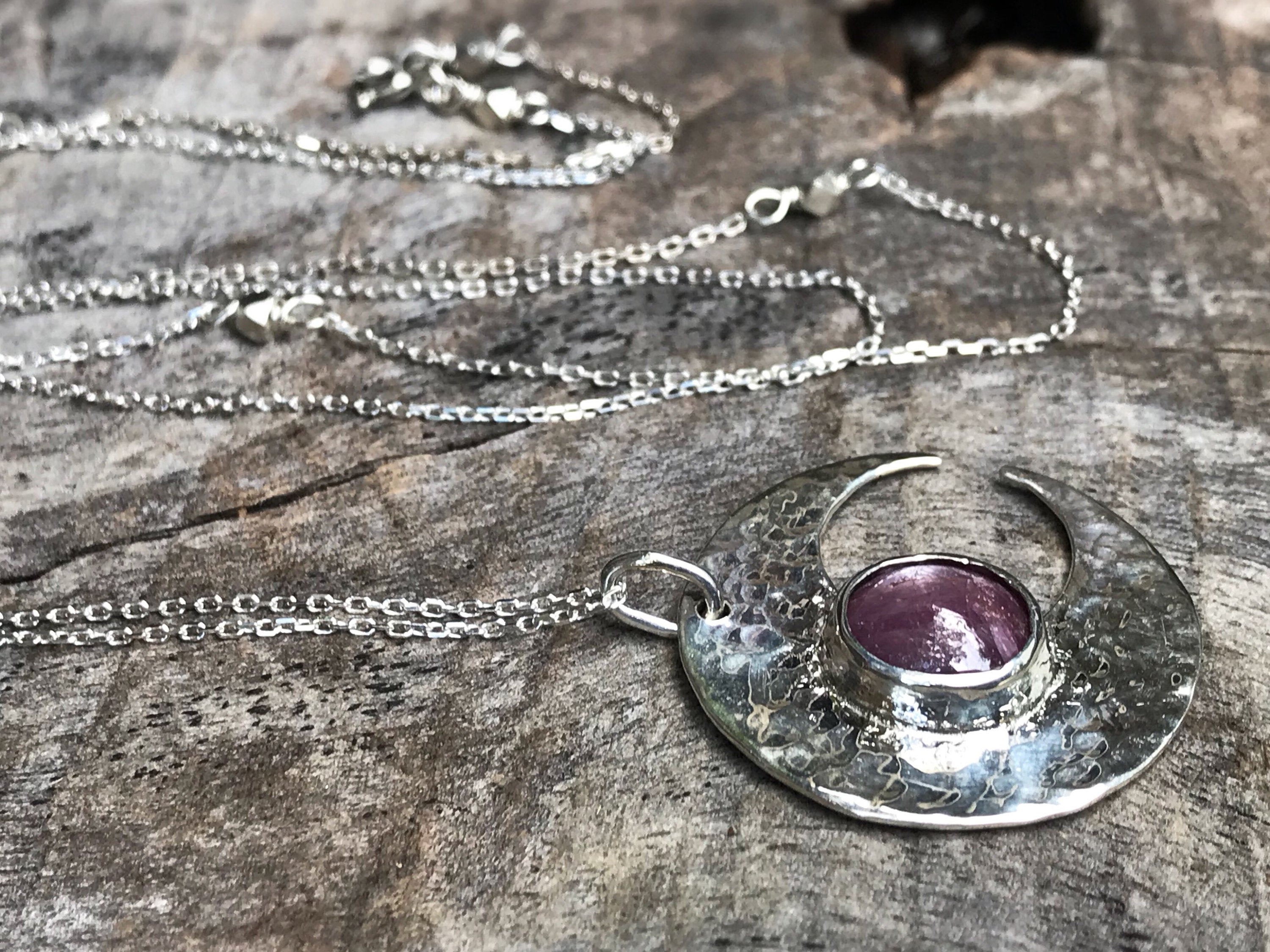 Hammered Silver Ruby Moon Crescent Necklace - Solid Sterling Silver - Genuine Mysore Star Ruby - Rustic Hammer Forged - Adjustable Length - Image 6