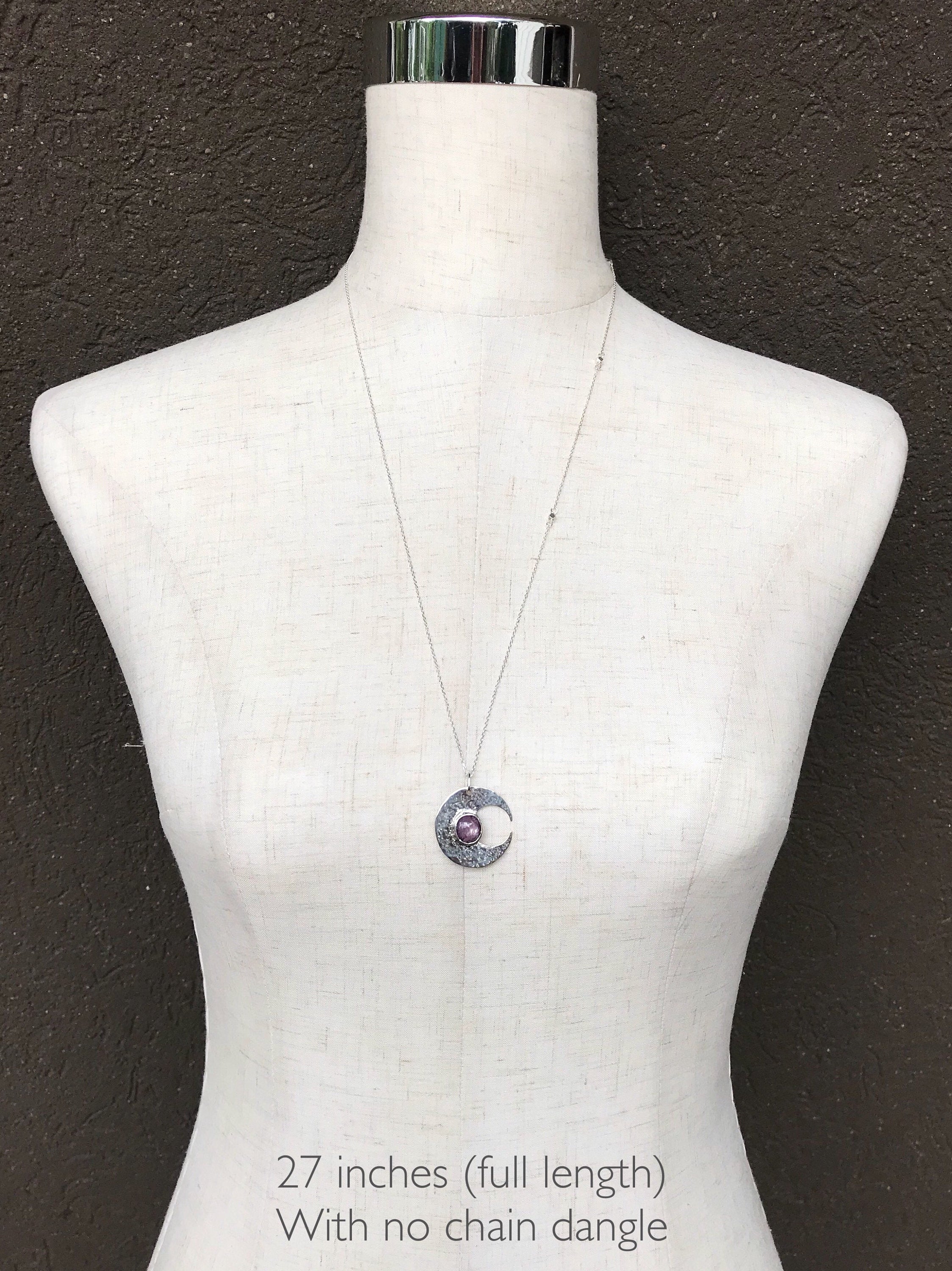 Hammered Silver Ruby Moon Crescent Necklace - Solid Sterling Silver - Genuine Mysore Star Ruby - Rustic Hammer Forged - Adjustable Length - Image 7