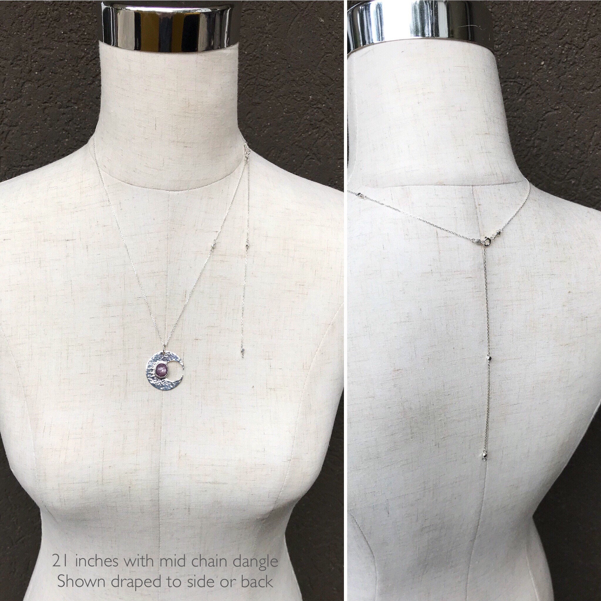 Hammered Silver Ruby Moon Crescent Necklace - Solid Sterling Silver - Genuine Mysore Star Ruby - Rustic Hammer Forged - Adjustable Length - Image 9