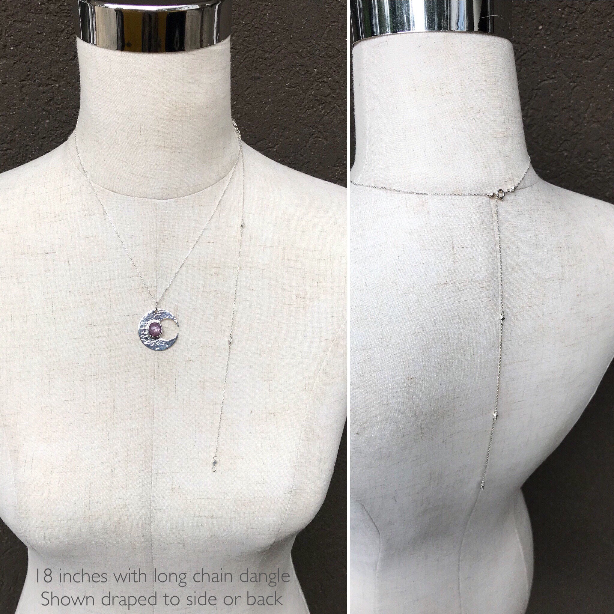 Hammered Silver Ruby Moon Crescent Necklace - Solid Sterling Silver - Genuine Mysore Star Ruby - Rustic Hammer Forged - Adjustable Length - Image 10