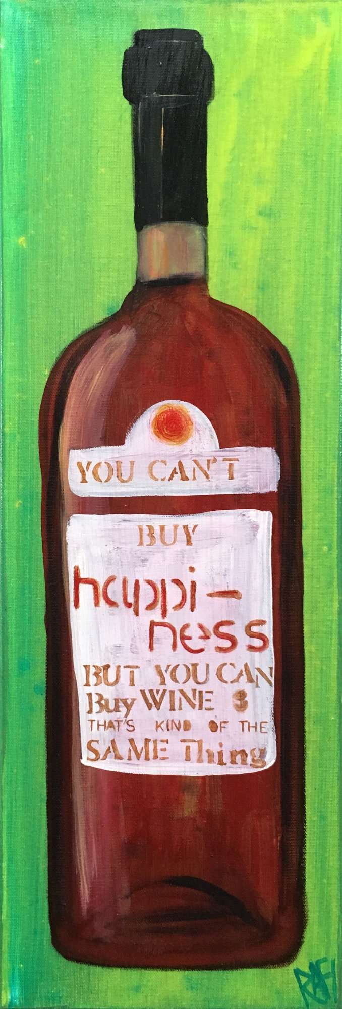 Happiness Wine Bottle Original Painting by Artist Rafi Perez Mixed Medium Textured on Canvas 8X24 - Image 2