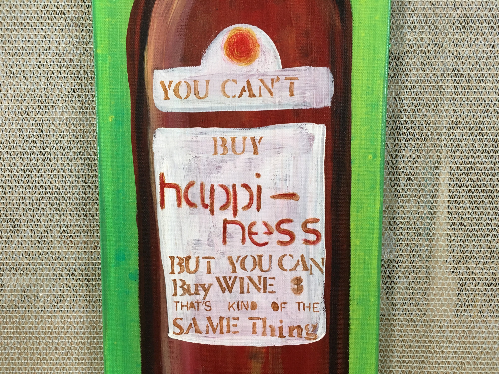 Happiness Wine Bottle Original Painting by Artist Rafi Perez Mixed Medium Textured on Canvas 8X24 - Image 5