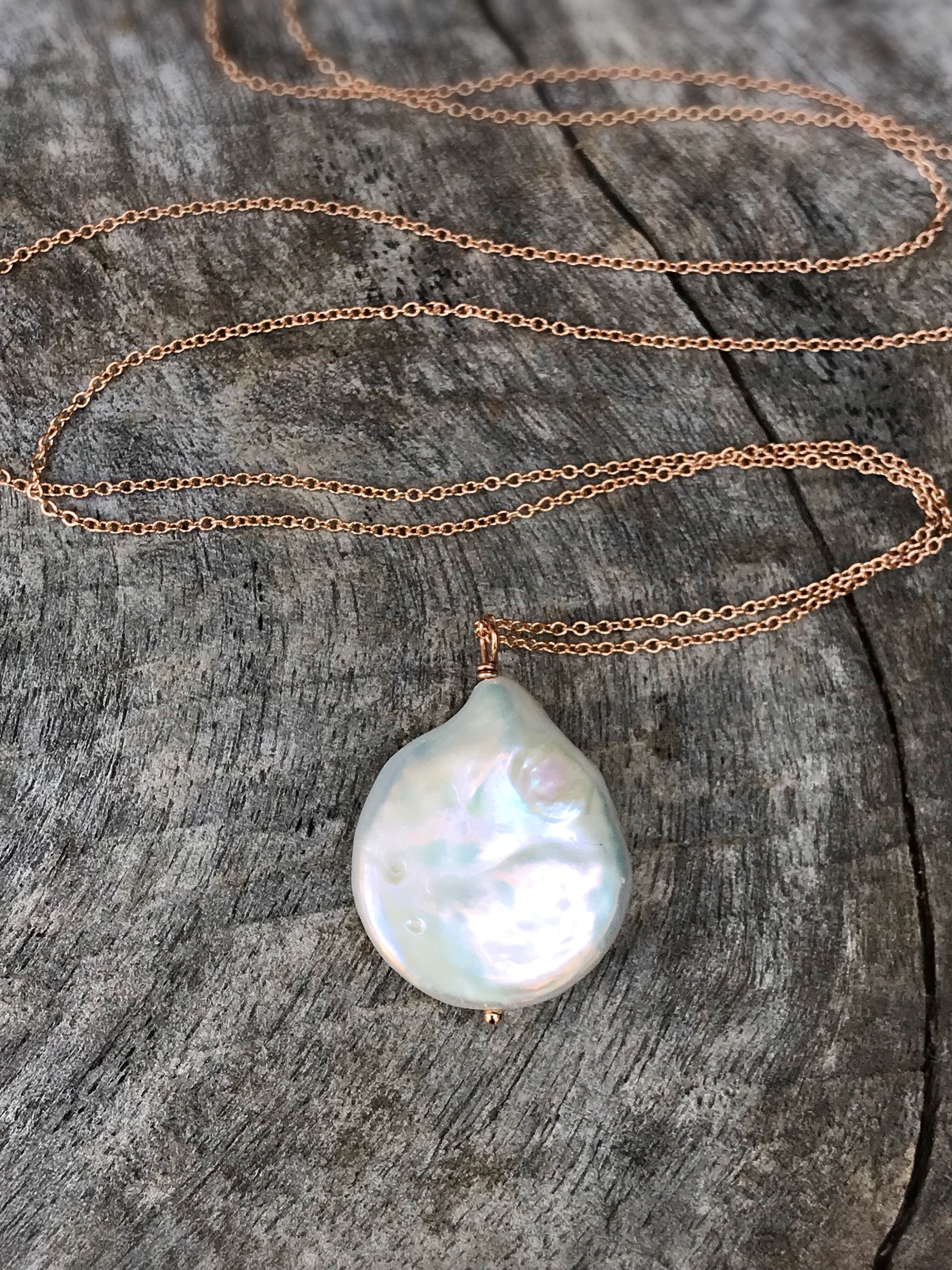 Ivory Cream Pearl Pendant Necklace / 14k Rose Gold Filled / Large Single Baroque Freshwater Coin Pearl - Image 2