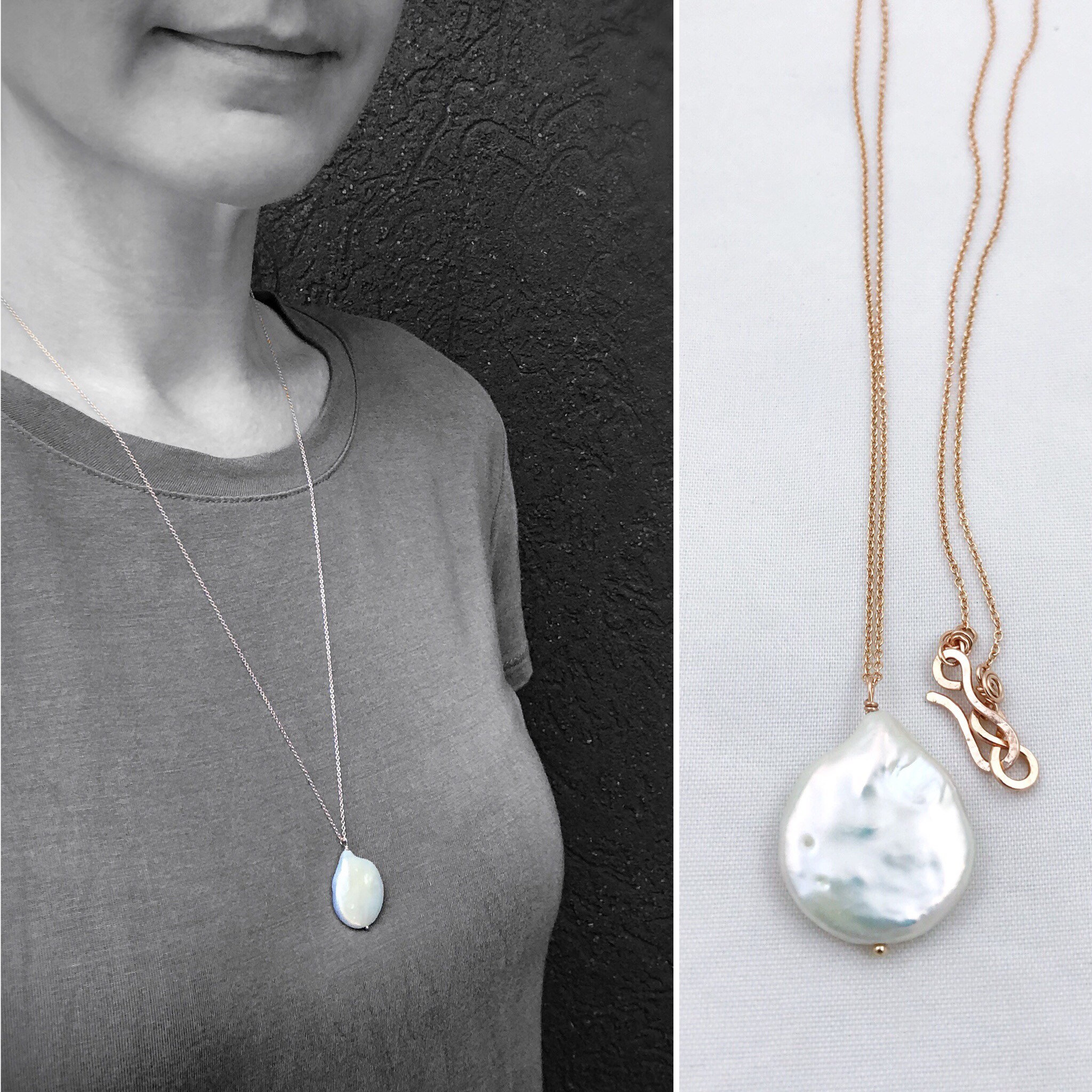 Ivory Cream Pearl Pendant Necklace / 14k Rose Gold Filled / Large Single Baroque Freshwater Coin Pearl - Image 3