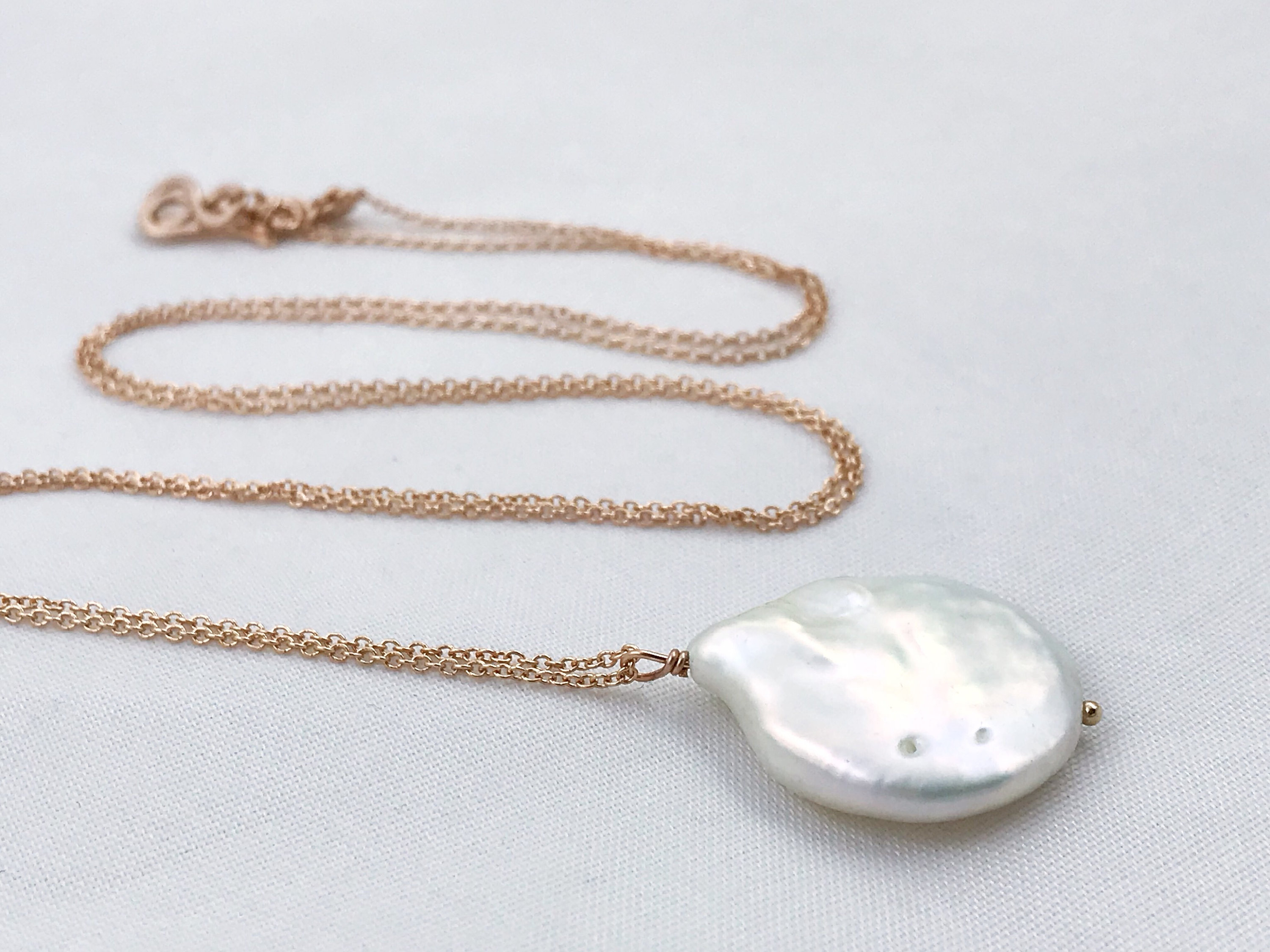 Ivory Cream Pearl Pendant Necklace / 14k Rose Gold Filled / Large Single Baroque Freshwater Coin Pearl - Image 4