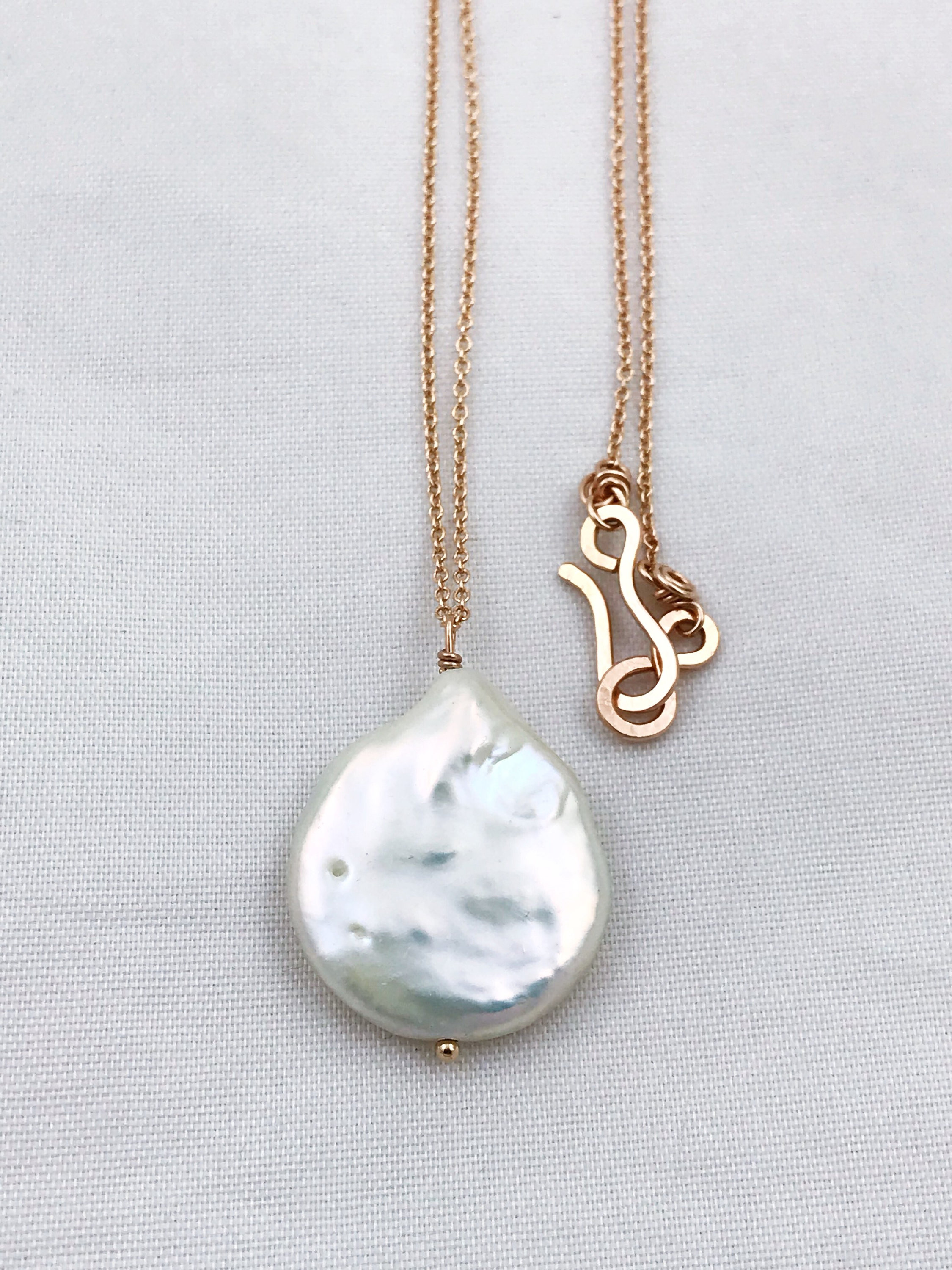 Ivory Cream Pearl Pendant Necklace / 14k Rose Gold Filled / Large Single Baroque Freshwater Coin Pearl - Image 5
