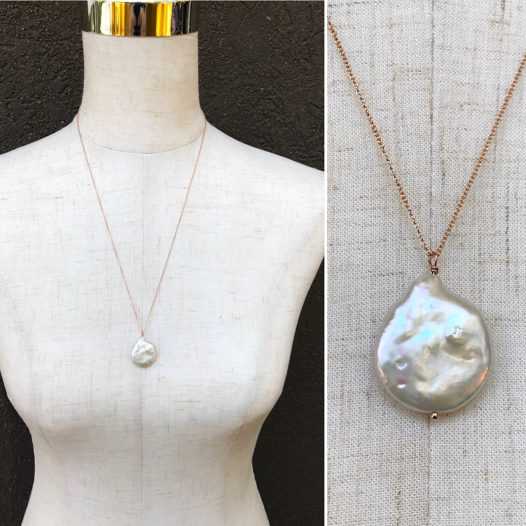 Ivory Cream Pearl Pendant Necklace / 14k Rose Gold Filled / Large Single Baroque Freshwater Coin Pearl - Image 7