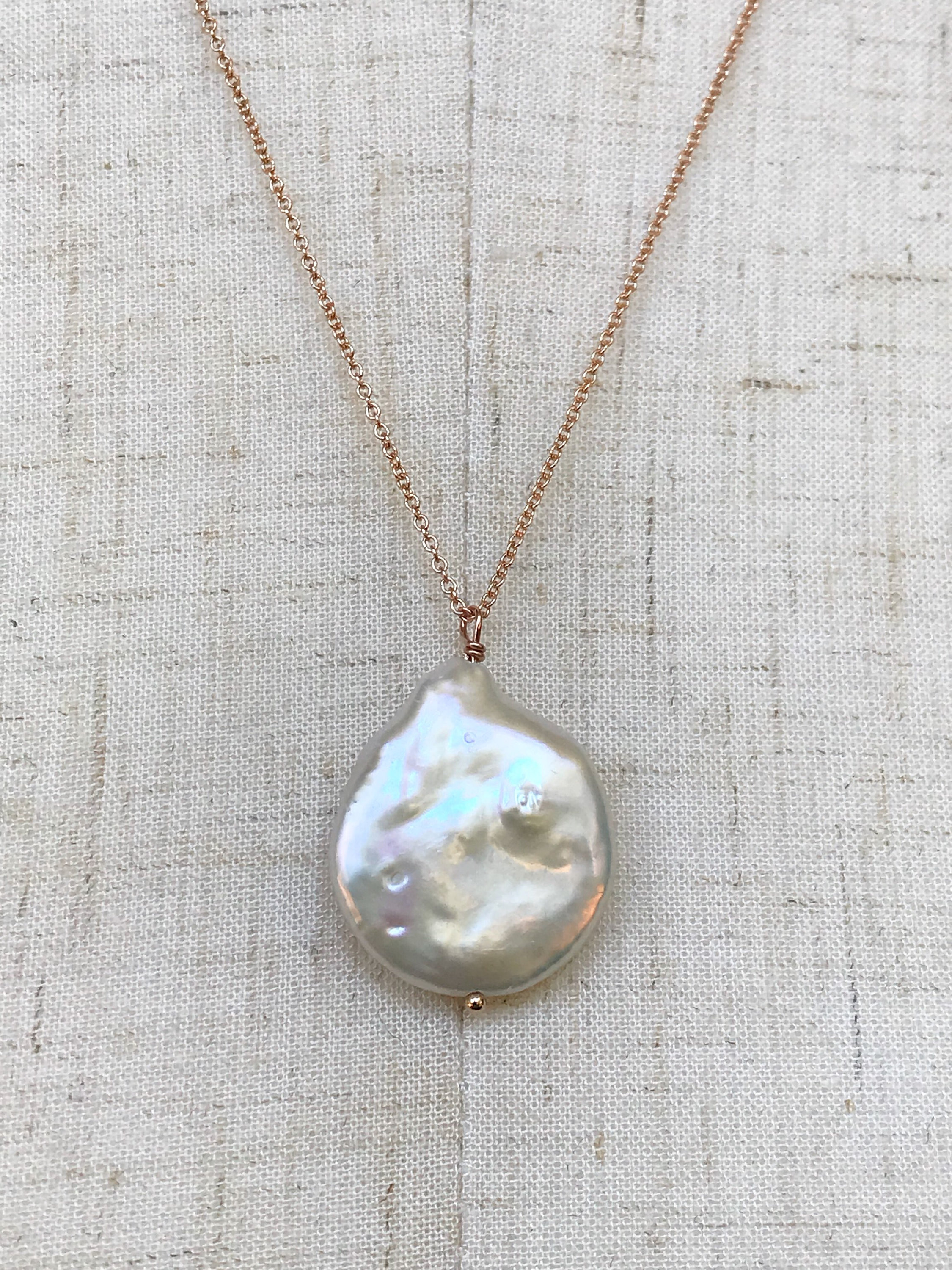 Ivory Cream Pearl Pendant Necklace / 14k Rose Gold Filled / Large Single Baroque Freshwater Coin Pearl - Image 8