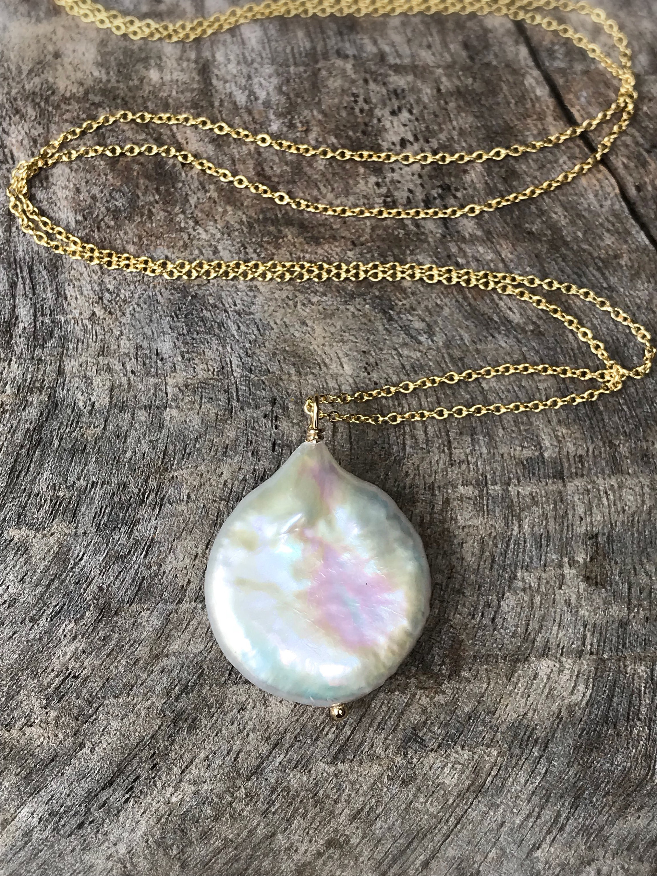 Ivory Cream Pearl Pendant Necklace / 14k Yellow Gold Filled / Large Single Baroque Freshwater Coin Pearl - Image 2