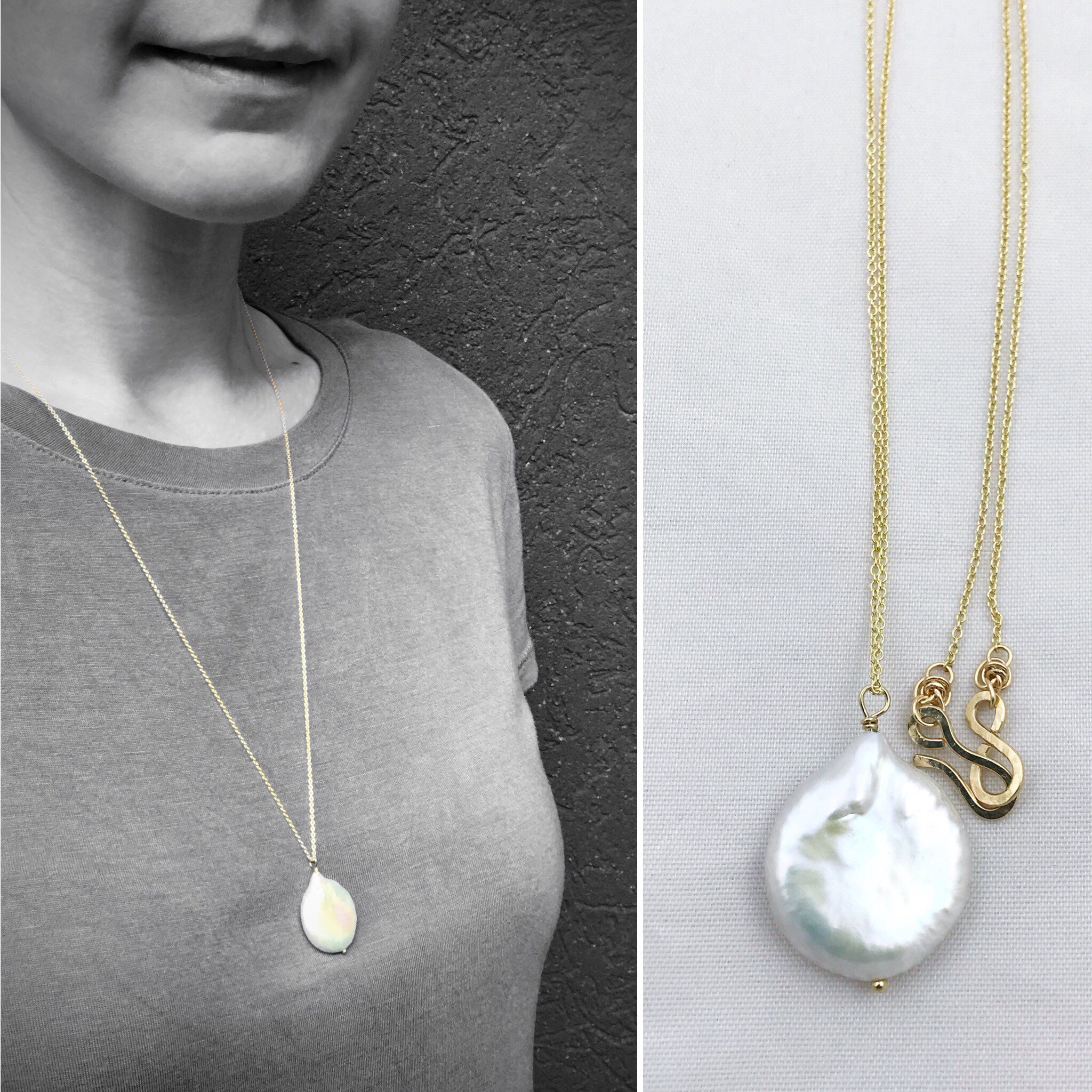 Ivory Cream Pearl Pendant Necklace / 14k Yellow Gold Filled / Large Single Baroque Freshwater Coin Pearl - Image 3